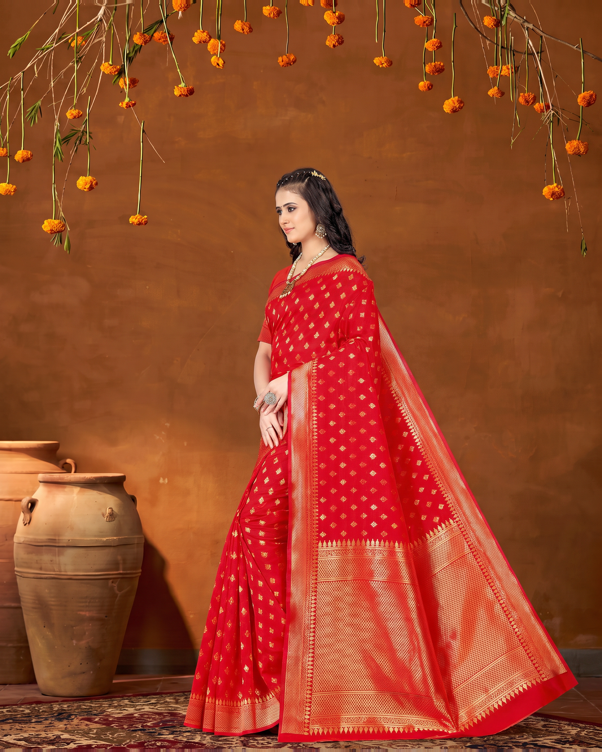 Elegant Chandrika Petite Motif Silk Saree - Red - side drape