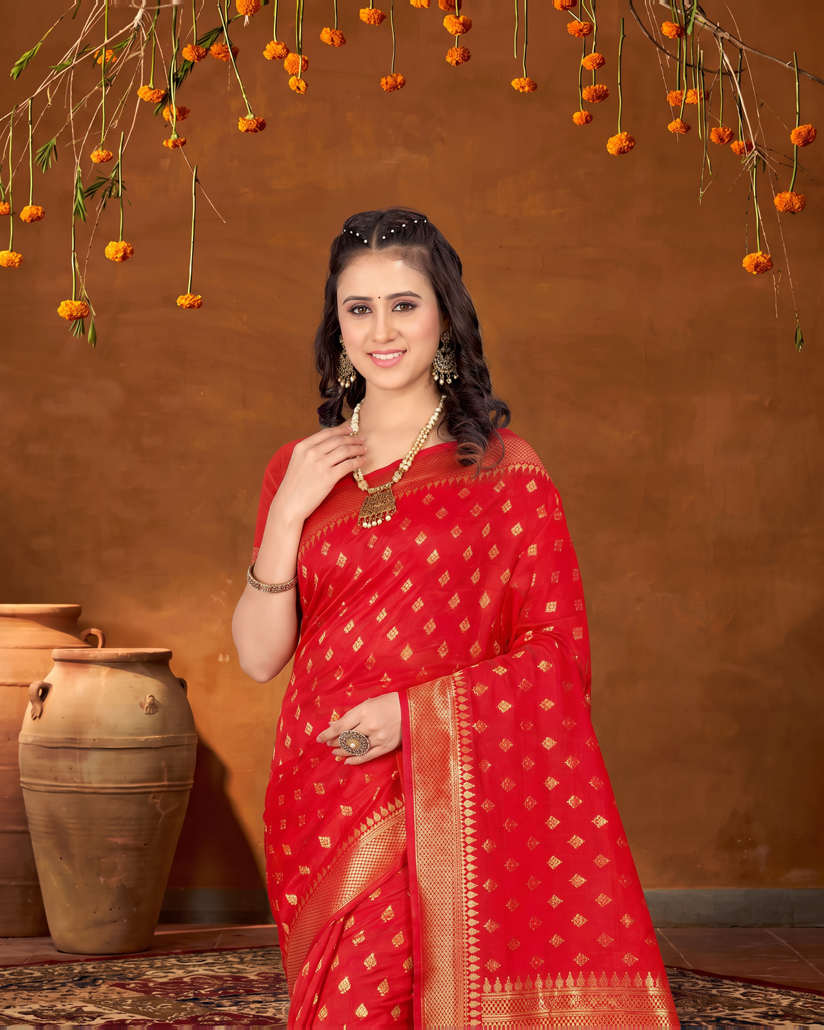 Elegant Chandrika Petite Motif Silk Saree - Red - upper closeup