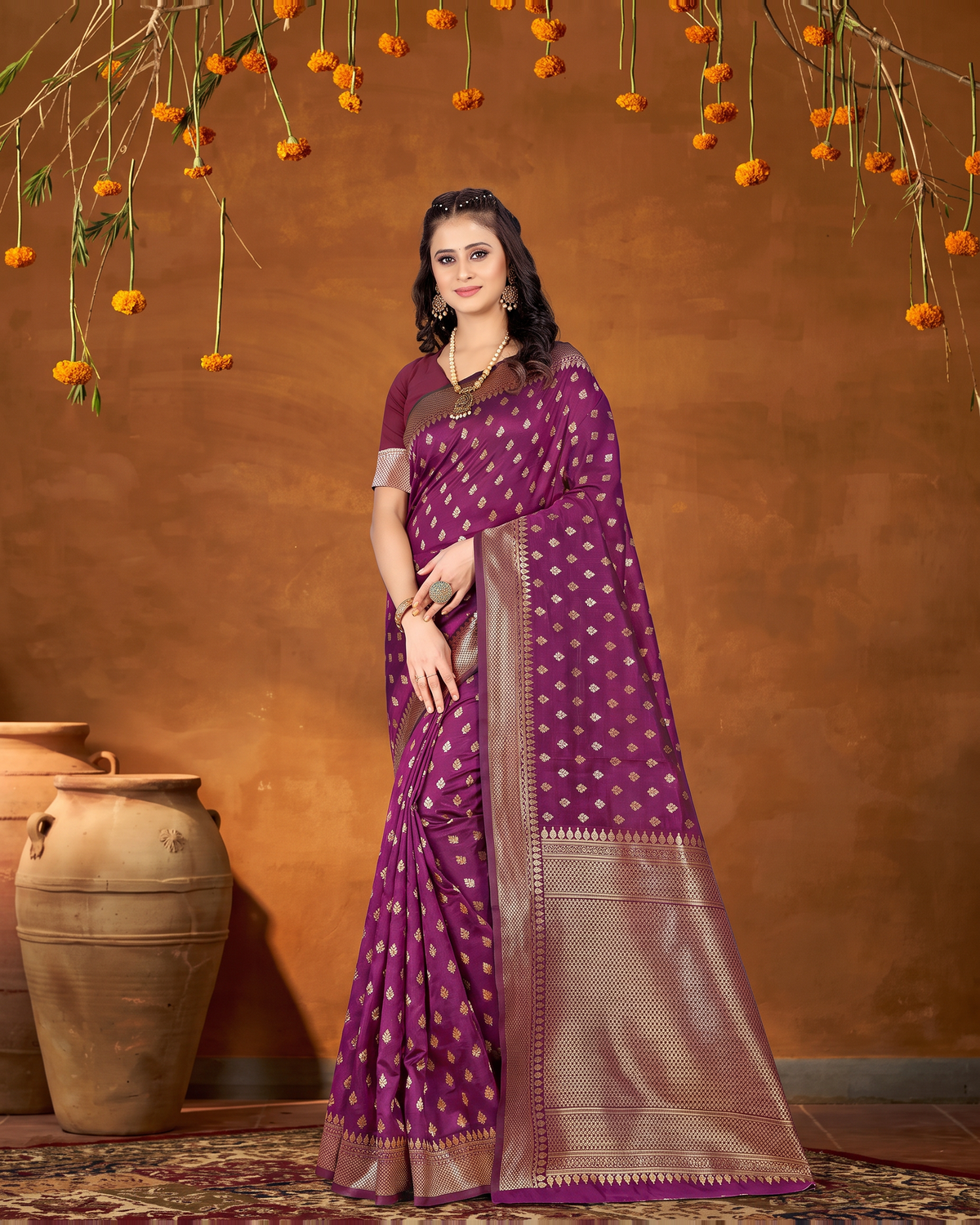 Elegant Chandrika Petite Motif Silk Saree - Wine - full saree hero