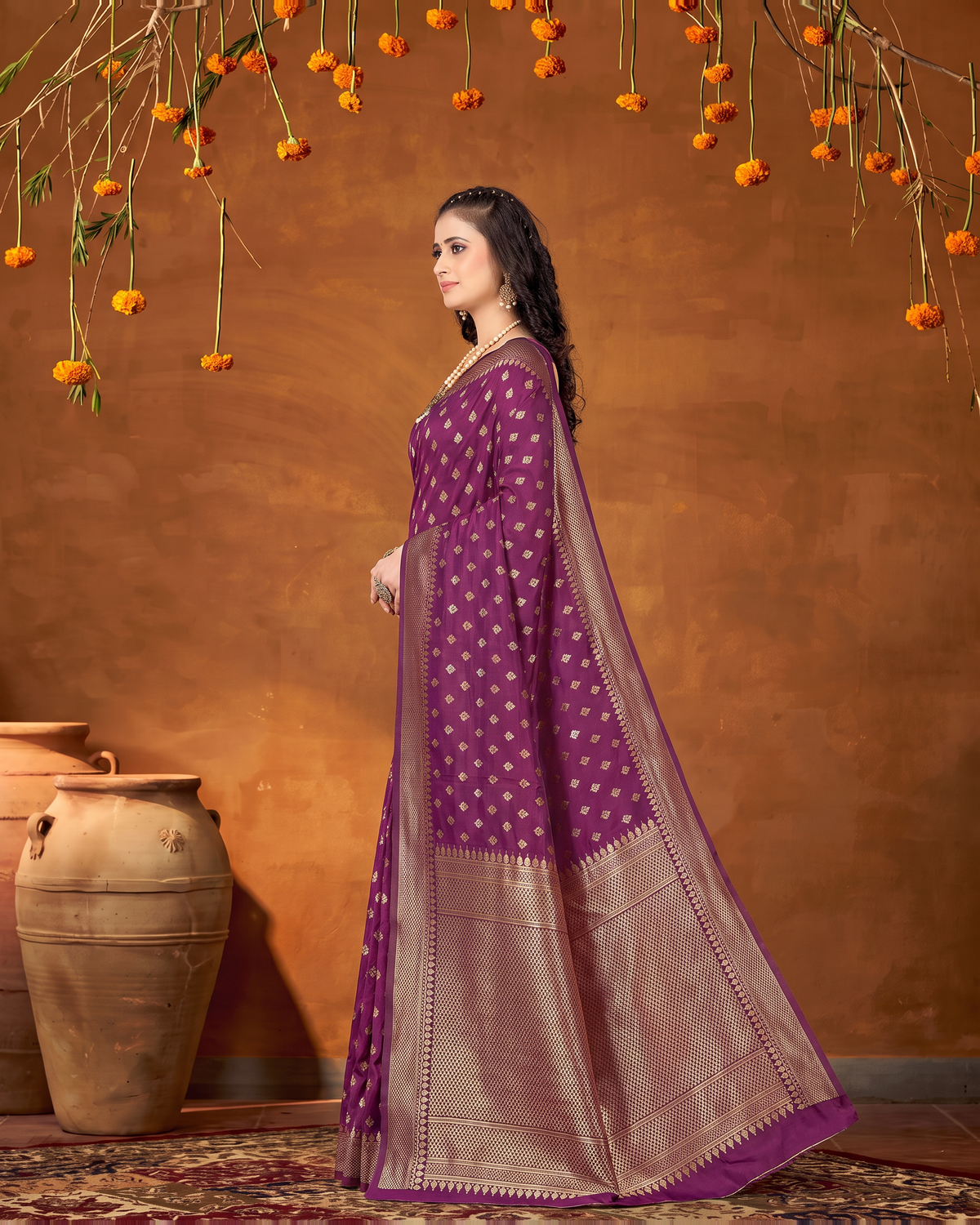 Elegant Chandrika Petite Motif Silk Saree - Wine - side drape