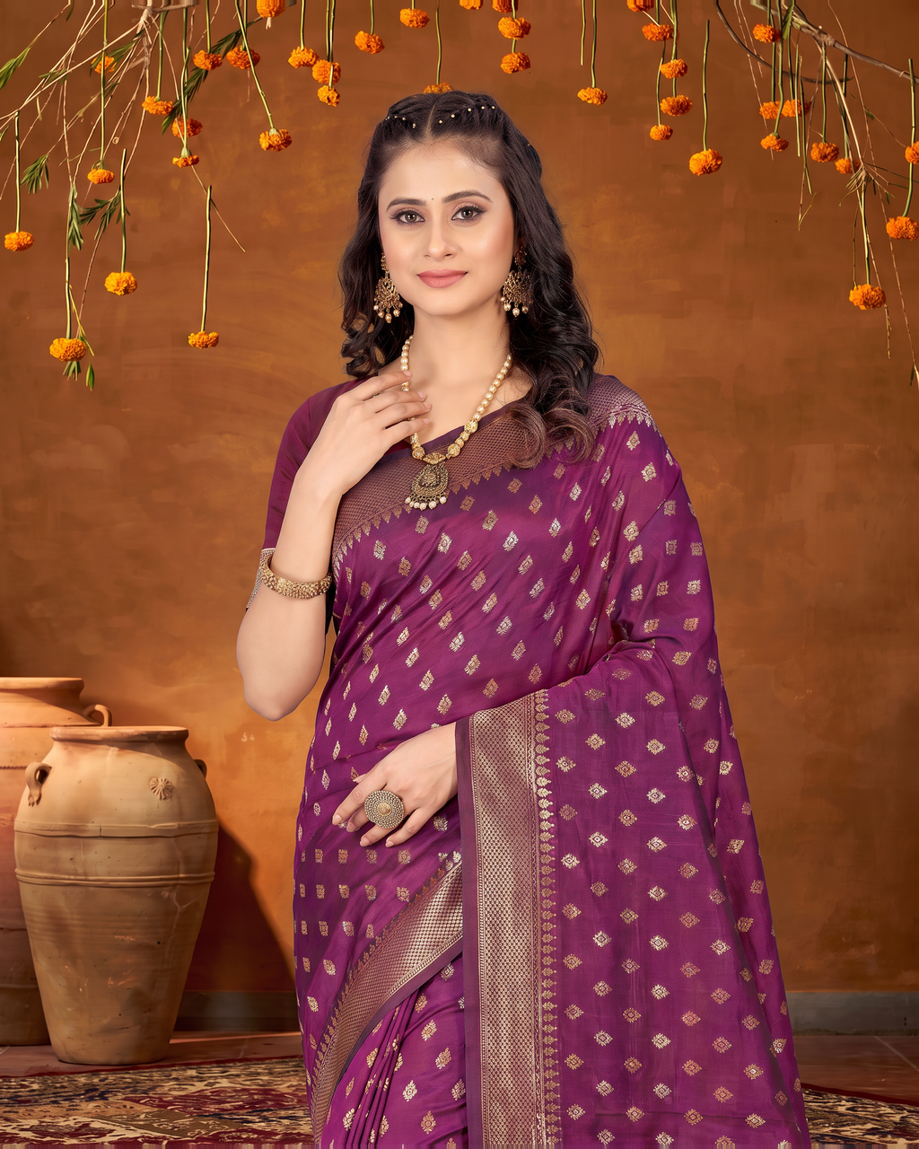Elegant Chandrika Petite Motif Silk Saree - Wine - upper closeup