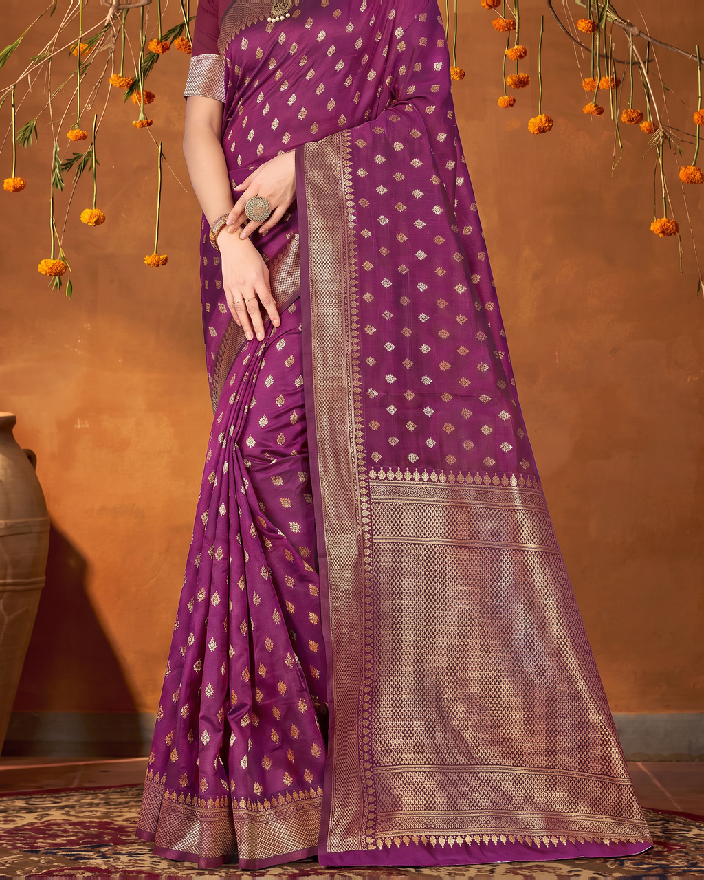 Elegant Chandrika Petite Motif Silk Saree - Wine - lower border closeup
