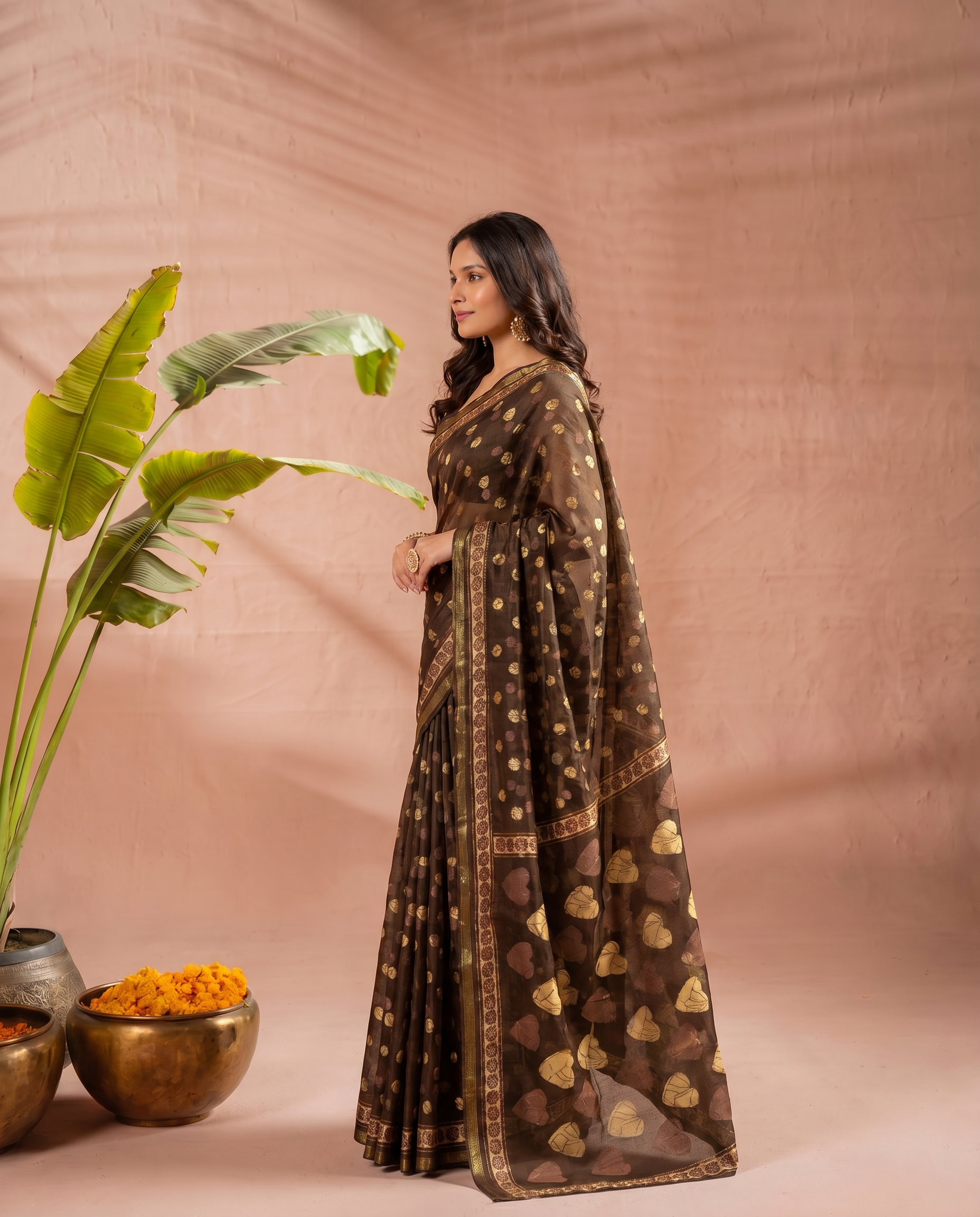 Elegant Chocolate Brown Printed Pure Cotton Saree with Golden Motifs - output 0 - 03 side