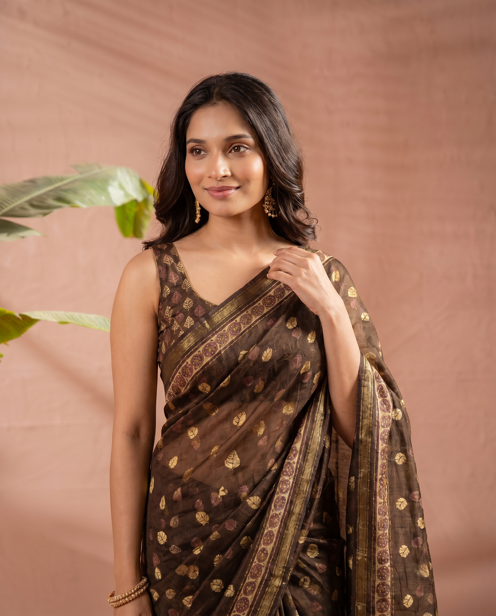 Elegant Chocolate Brown Printed Pure Cotton Saree with Golden Motifs - output 0 - 04 upper closeup
