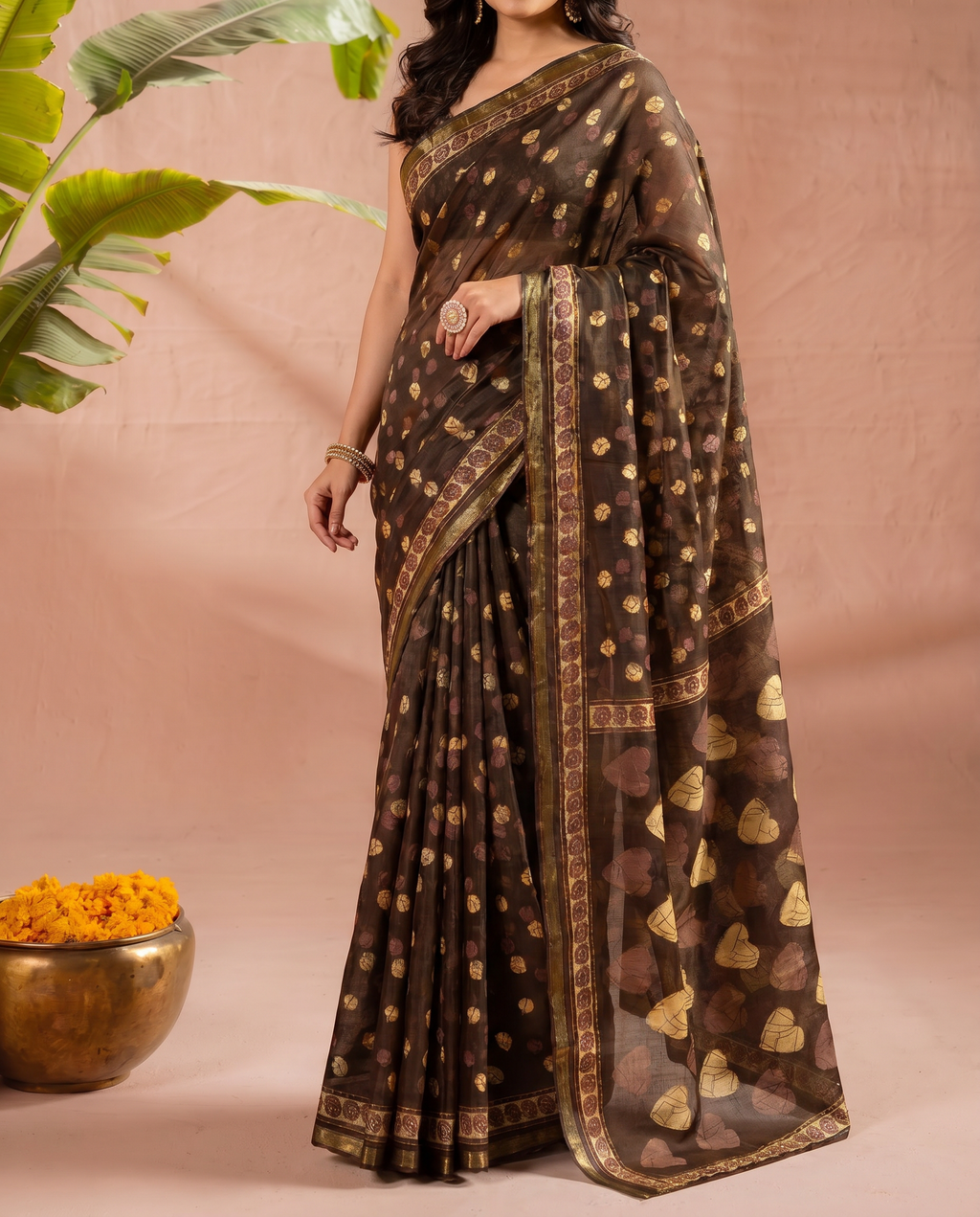 Elegant Chocolate Brown Printed Pure Cotton Saree with Golden Motifs - output 0 - 05 lower closeup