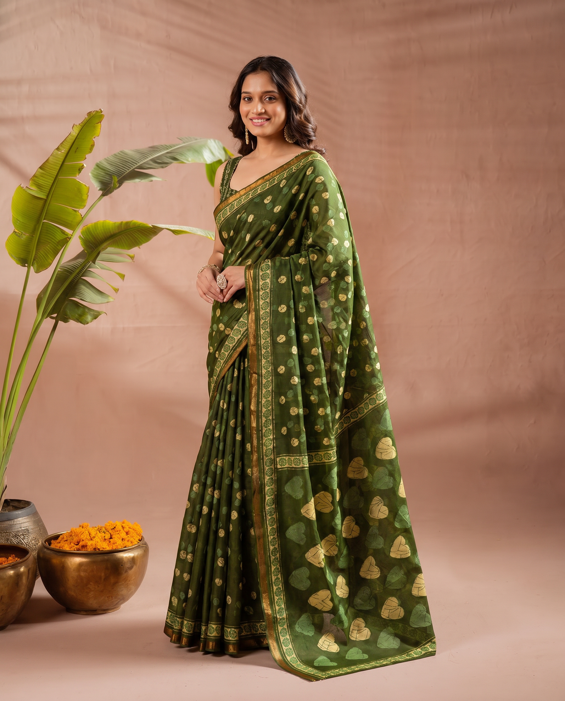 Elegant Chocolate Brown Printed Pure Cotton Saree with Golden Motifs - output 1 - 02 hero