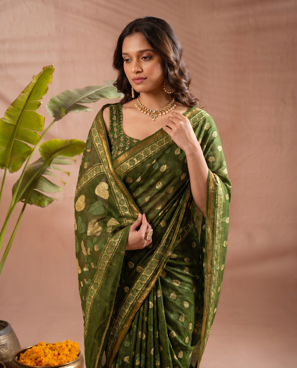 Elegant Chocolate Brown Printed Pure Cotton Saree with Golden Motifs - output 1 - 04 upper closeup