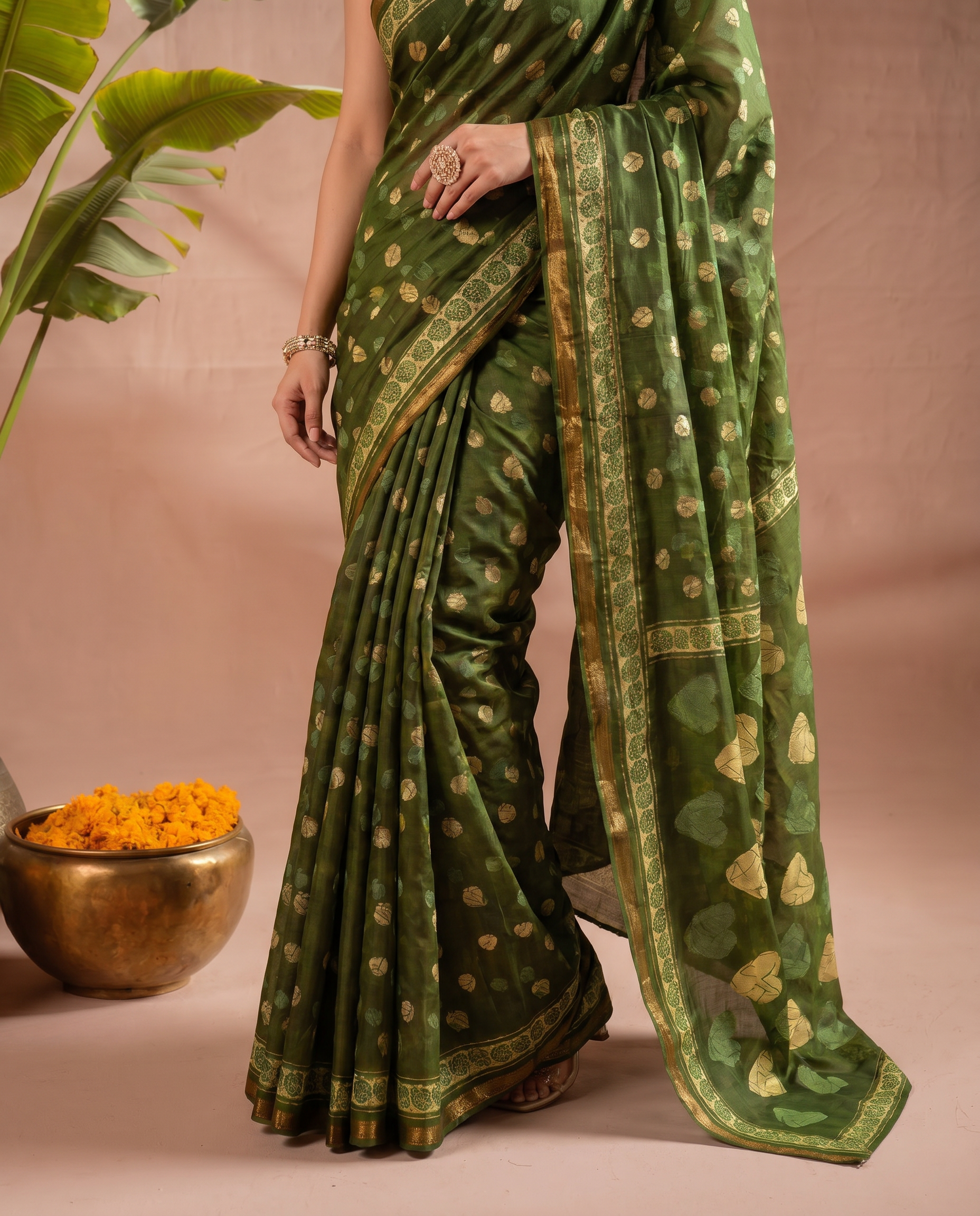 Elegant Chocolate Brown Printed Pure Cotton Saree with Golden Motifs - output 1 - 05 lower closeup
