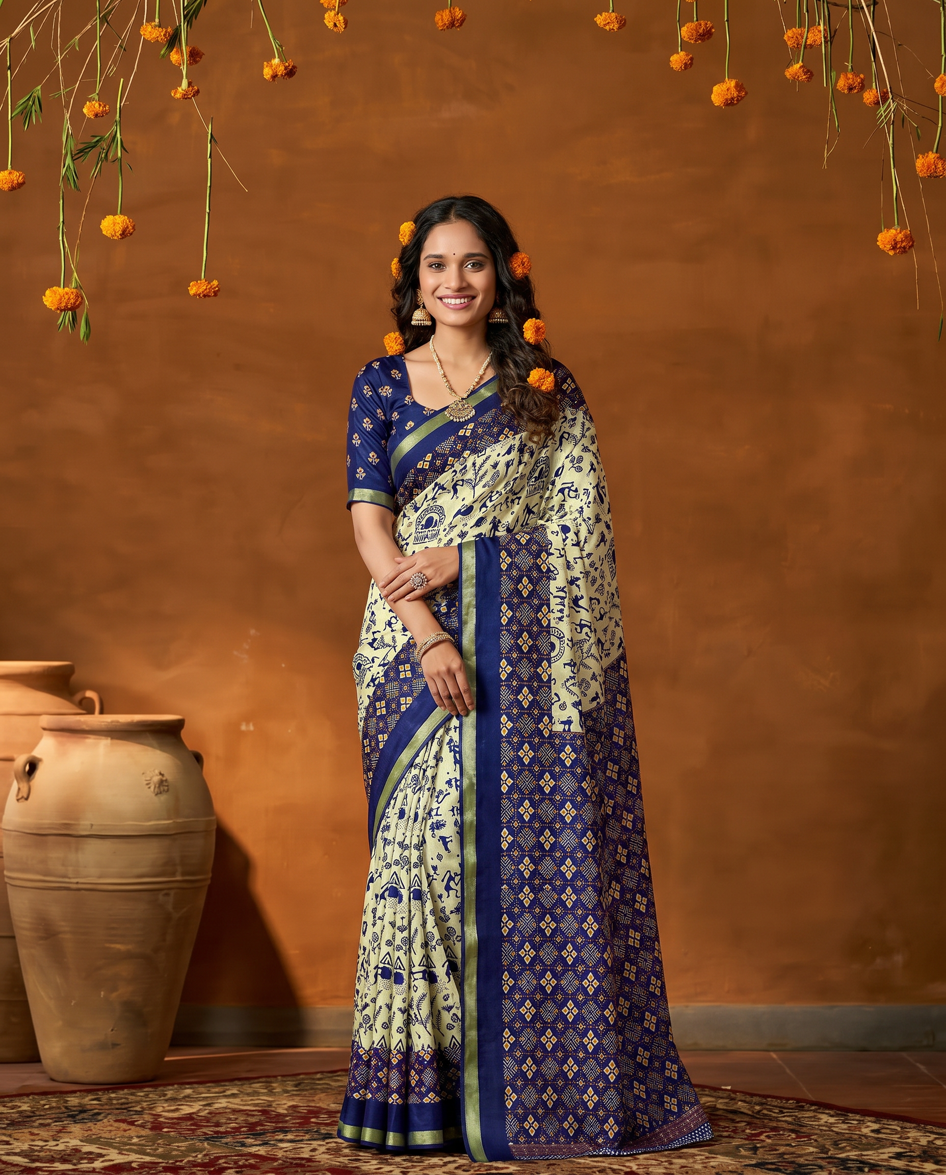 Elegant Cream Blue Tribal Print Pure Cotton Saree - output 0 - 02 hero