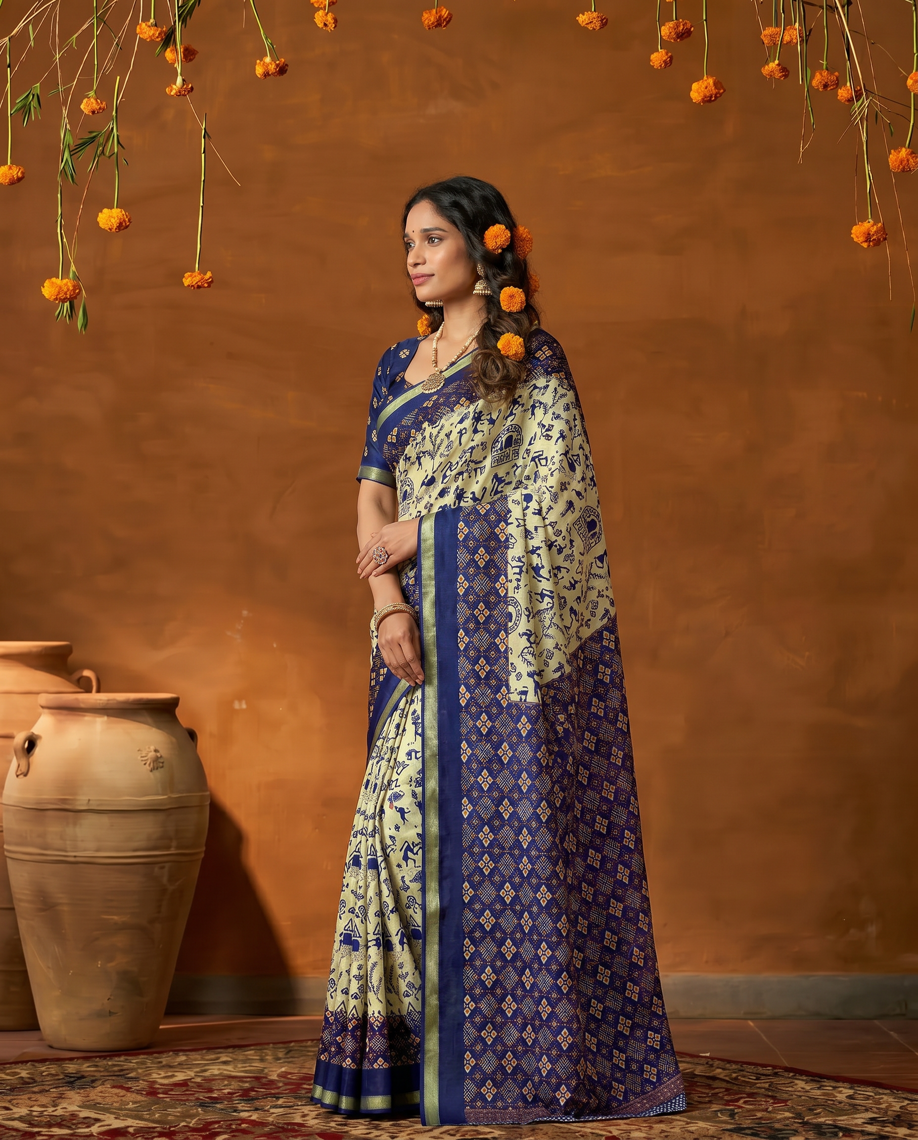 Elegant Cream Blue Tribal Print Pure Cotton Saree - output 0 - 03 side