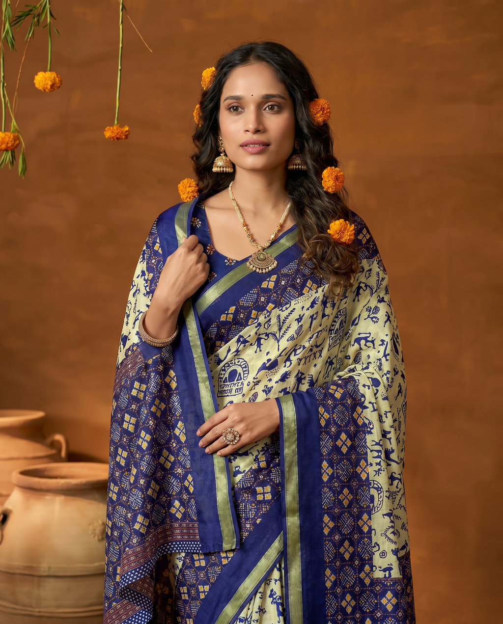 Elegant Cream Blue Tribal Print Pure Cotton Saree - output 0 - 04 upper closeup