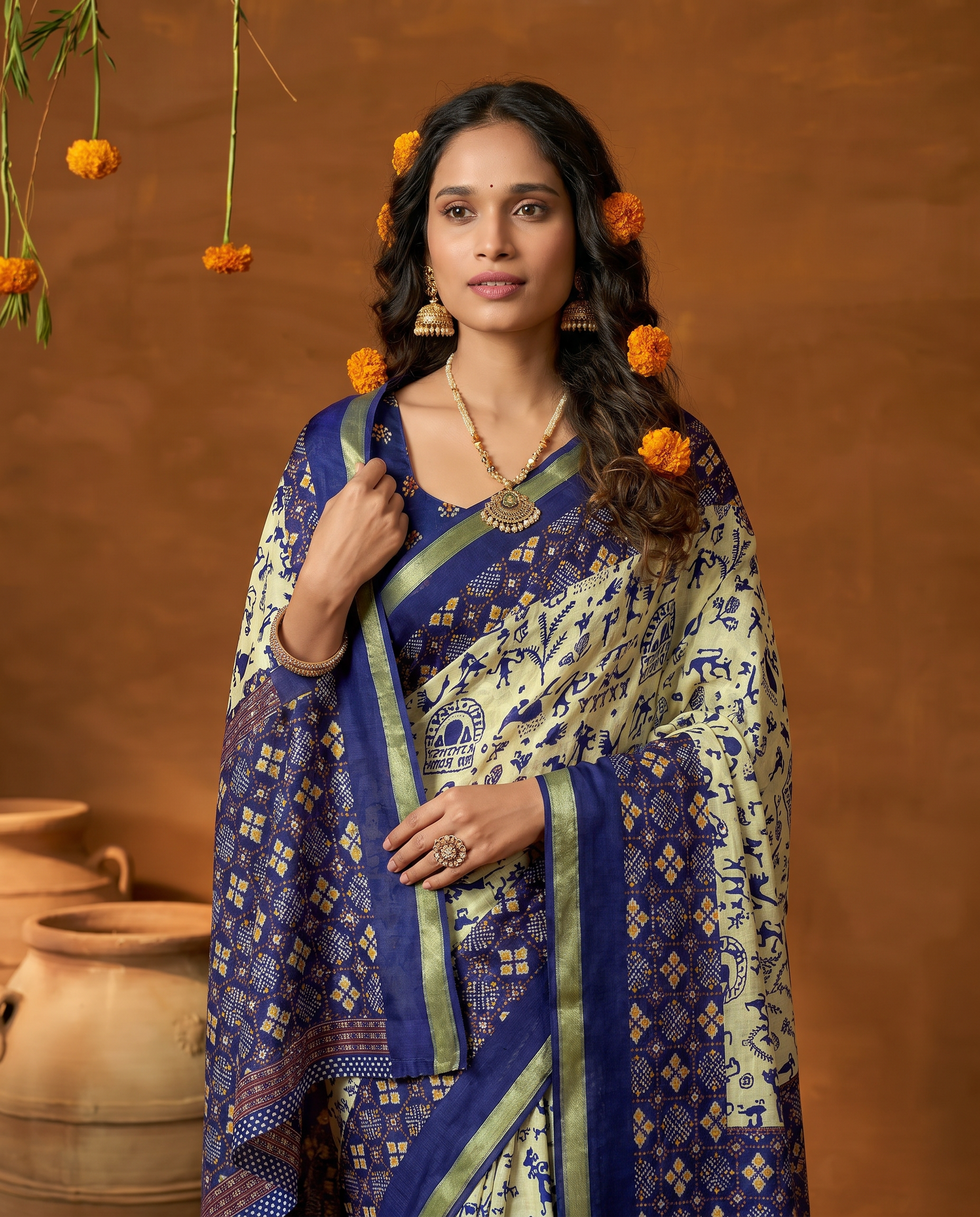 Elegant Cream Blue Tribal Print Pure Cotton Saree - output 0 - 04 upper closeup