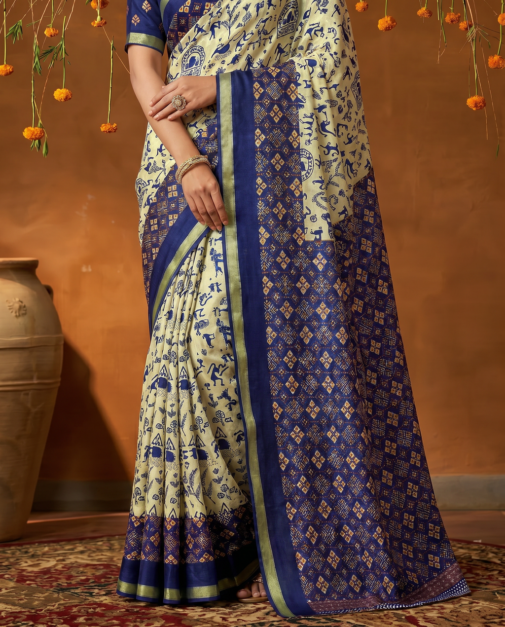 Elegant Cream Blue Tribal Print Pure Cotton Saree - output 0 - 05 lower closeup