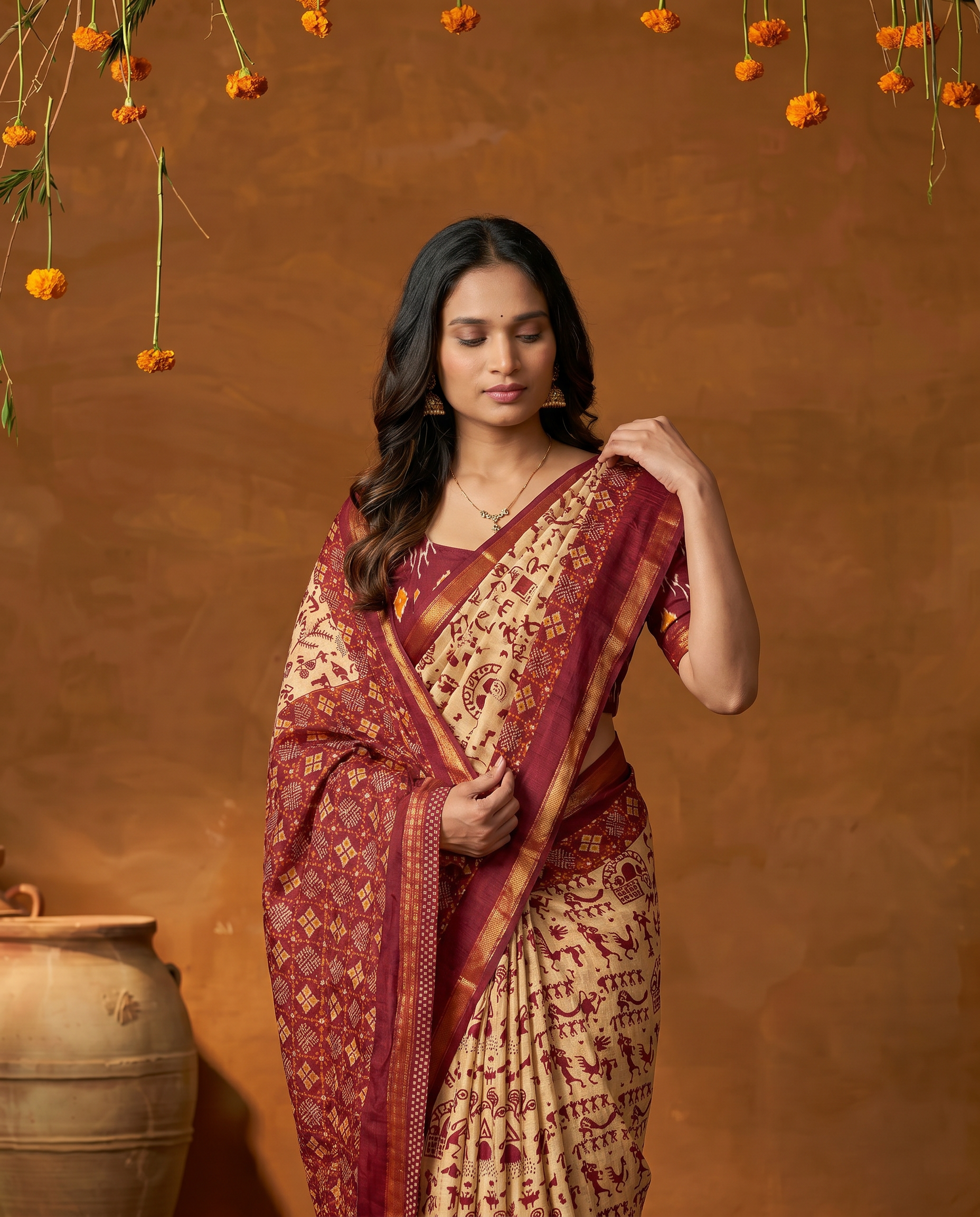 Elegant Cream Blue Tribal Print Pure Cotton Saree - output 1 - 04 upper closeup