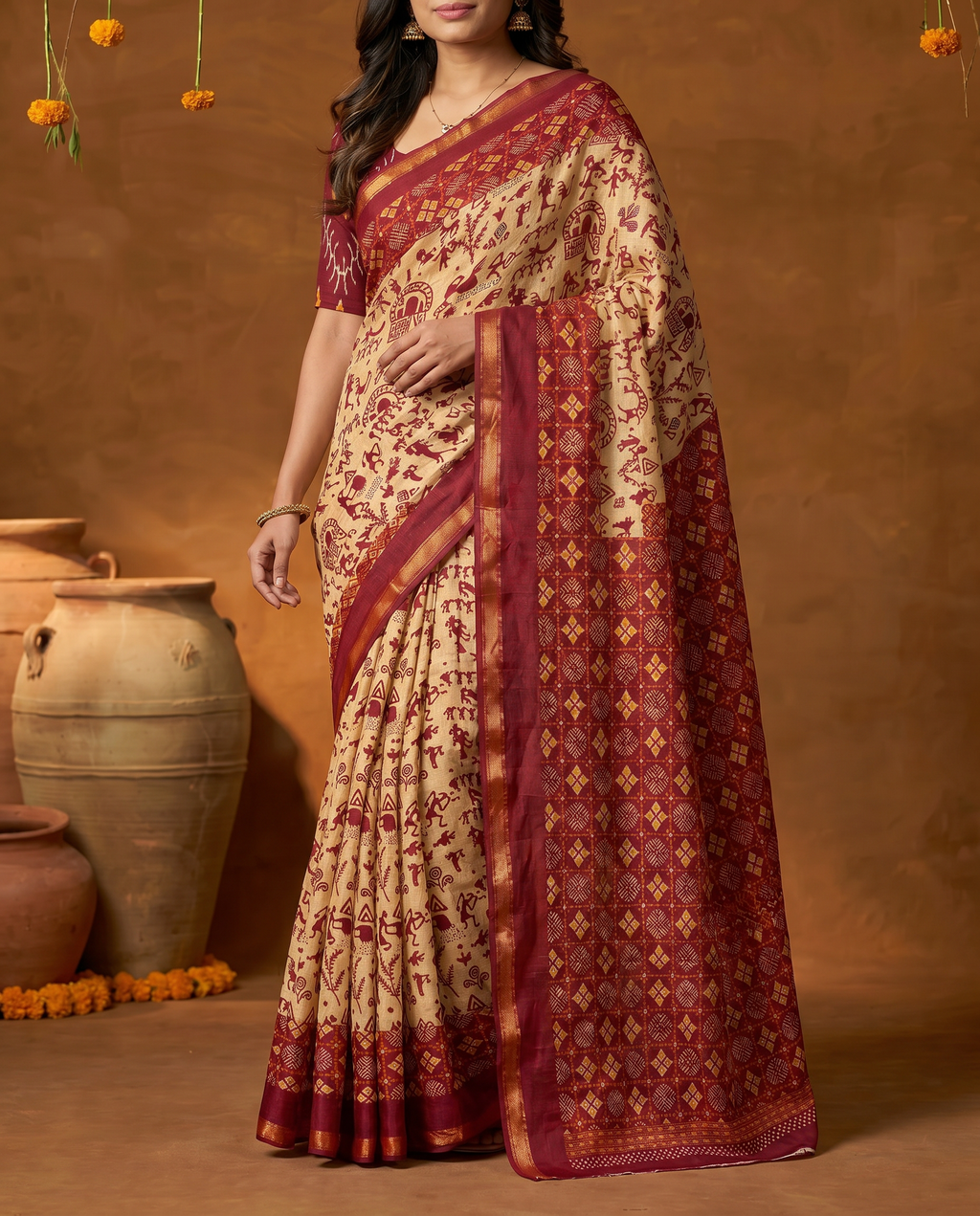 Elegant Cream Blue Tribal Print Pure Cotton Saree - output 1 - 05 lower closeup