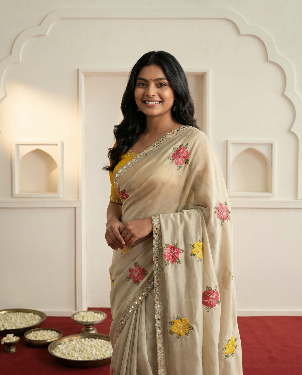 Elegant Cream Floral Embroidered Saree with Designer Border – Festive & Casual Wear - output 0 - 02 hero