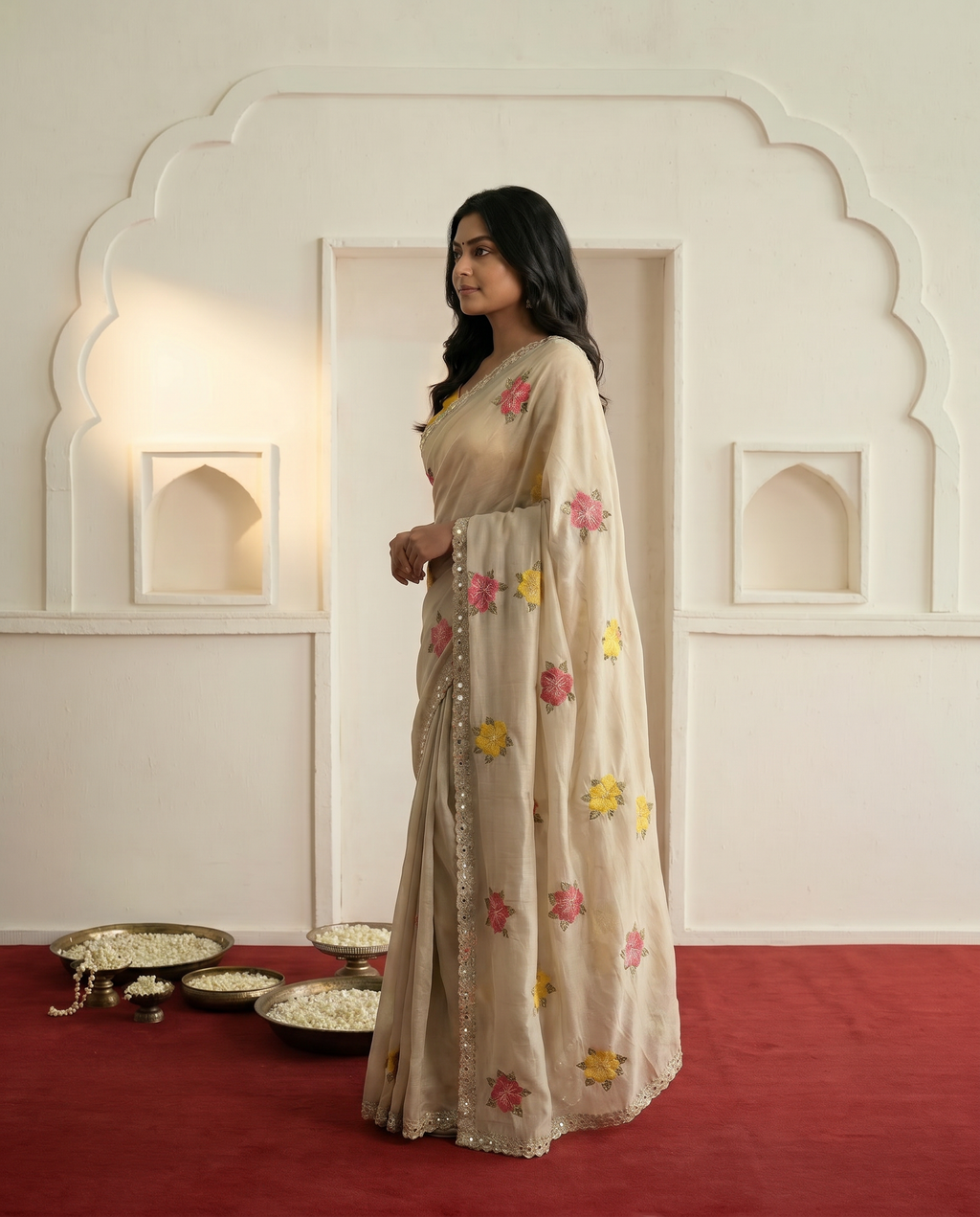 Elegant Cream Floral Embroidered Saree with Designer Border – Festive & Casual Wear - output 0 - 03 side