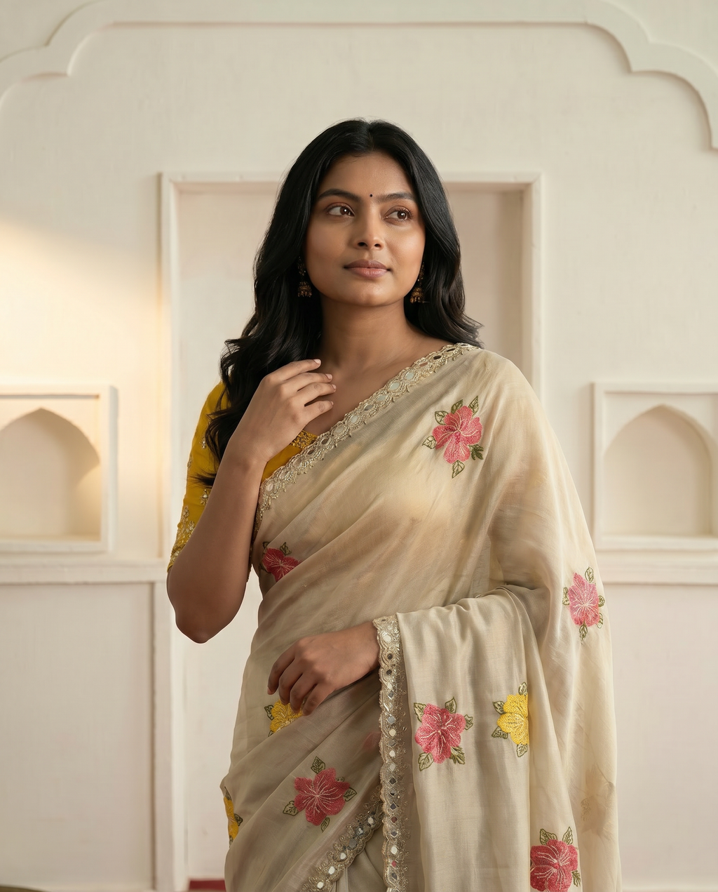 Elegant Cream Floral Embroidered Saree with Designer Border – Festive & Casual Wear - output 0 - 04 upper closeup