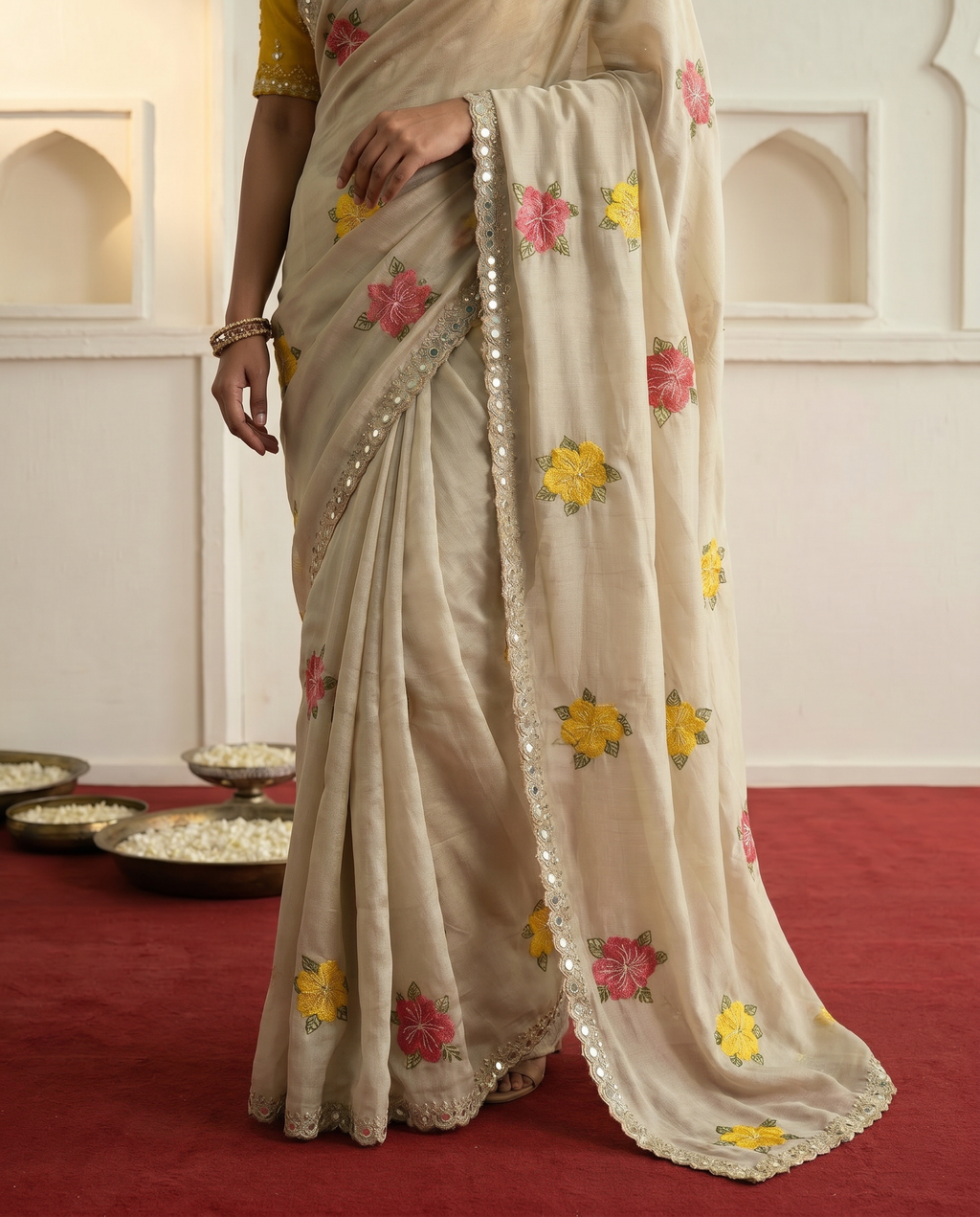 Elegant Cream Floral Embroidered Saree with Designer Border – Festive & Casual Wear - output 0 - 05 lower closeup