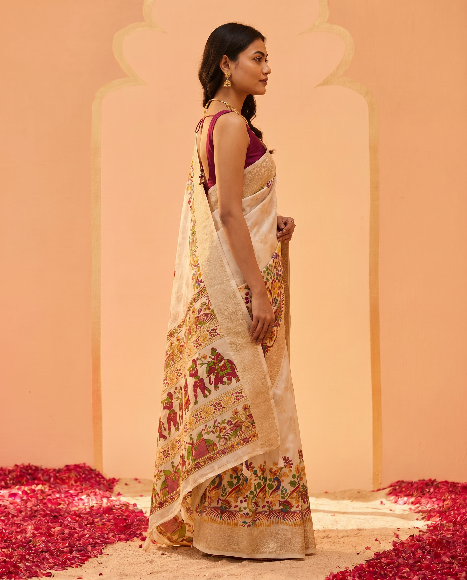 Elegant Cream Floral Printed Saree with Designer Border – Festive & Party Wear - output 0 - 03 side