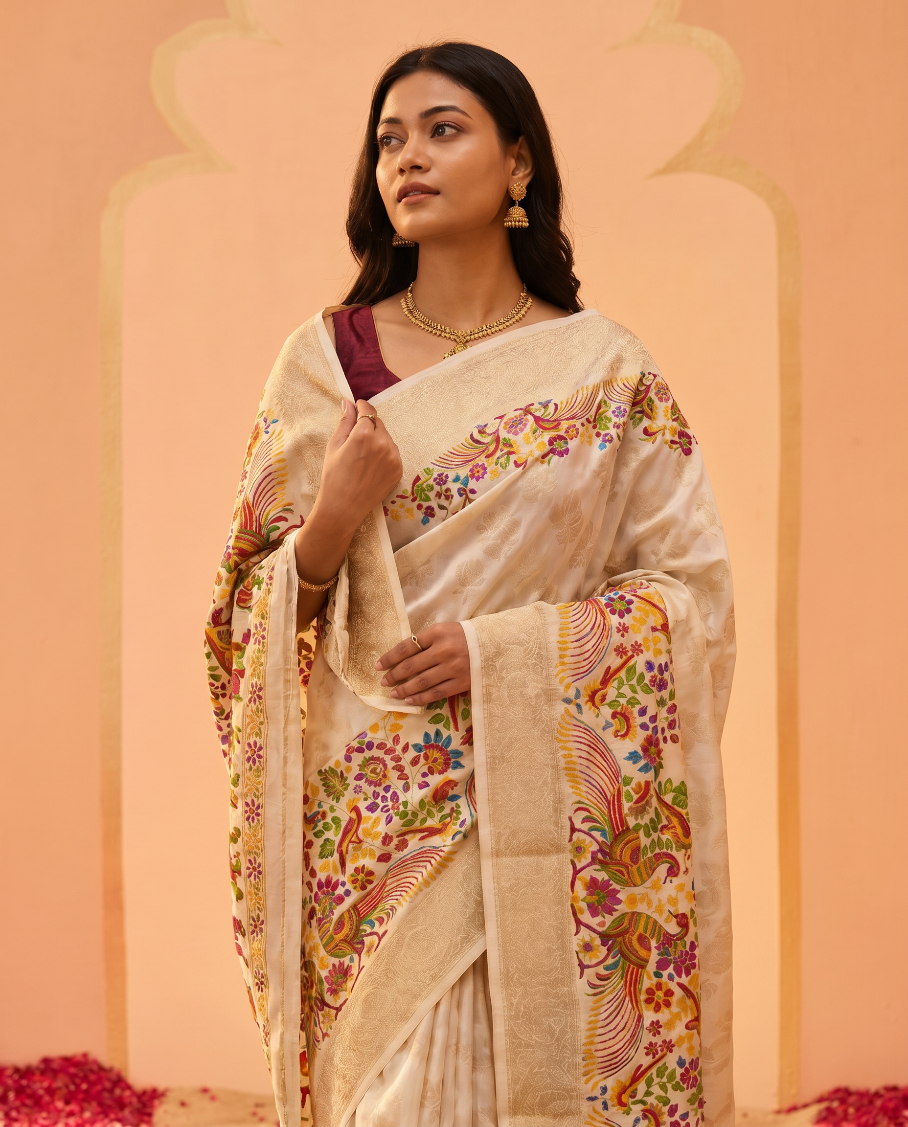 Elegant Cream Floral Printed Saree with Designer Border – Festive & Party Wear - output 0 - 04 upper closeup
