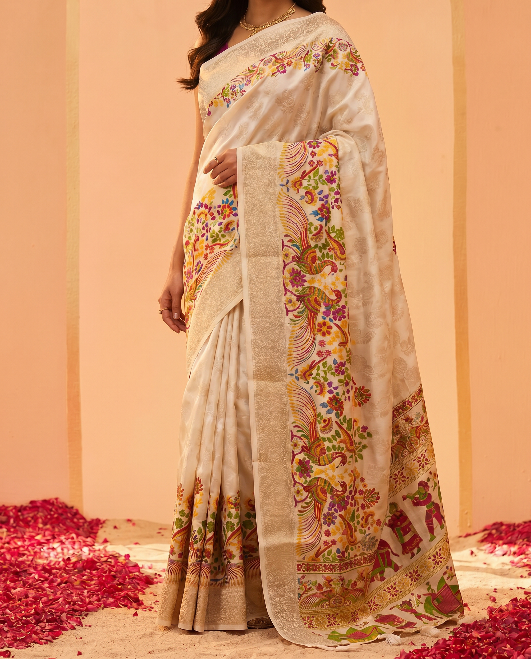 Elegant Cream Floral Printed Saree with Designer Border – Festive & Party Wear - output 0 - 05 lower closeup