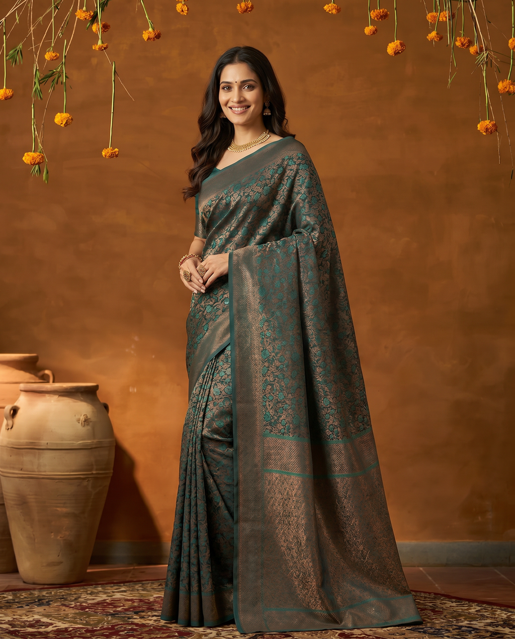 Elegant Dark Green Banarasi Style Zari Woven Saree with Rich Golden Pallu – Wedding & Festive Wear - output 0 - 02 hero