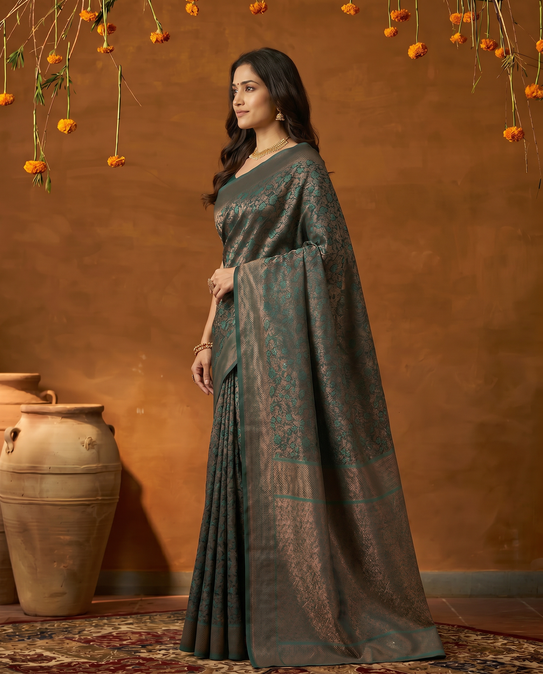 Elegant Dark Green Banarasi Style Zari Woven Saree with Rich Golden Pallu – Wedding & Festive Wear - output 0 - 03 side