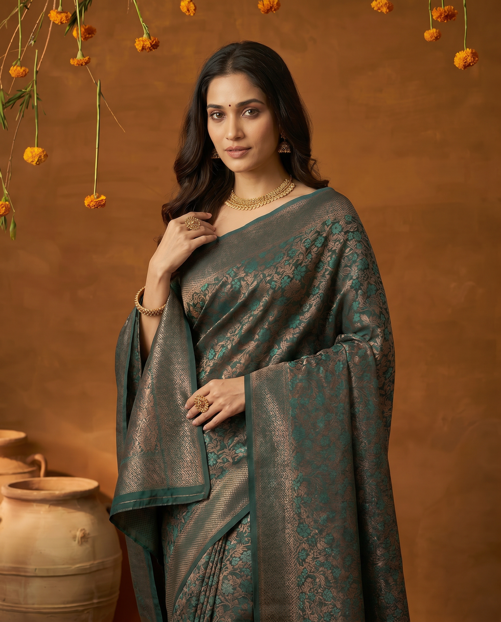 Elegant Dark Green Banarasi Style Zari Woven Saree with Rich Golden Pallu – Wedding & Festive Wear - output 0 - 04 upper closeup