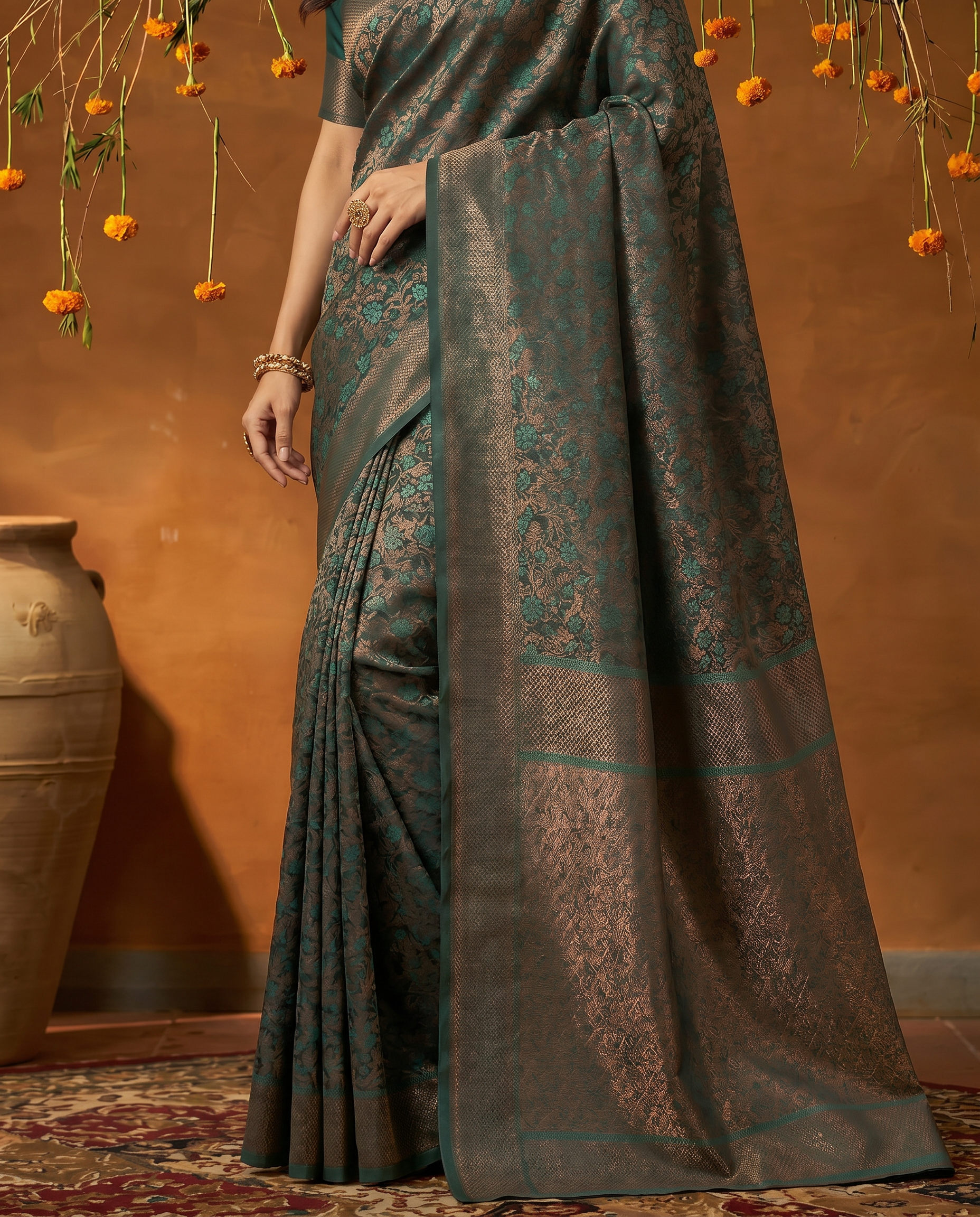 Elegant Dark Green Banarasi Style Zari Woven Saree with Rich Golden Pallu – Wedding & Festive Wear - output 0 - 05 lower closeup