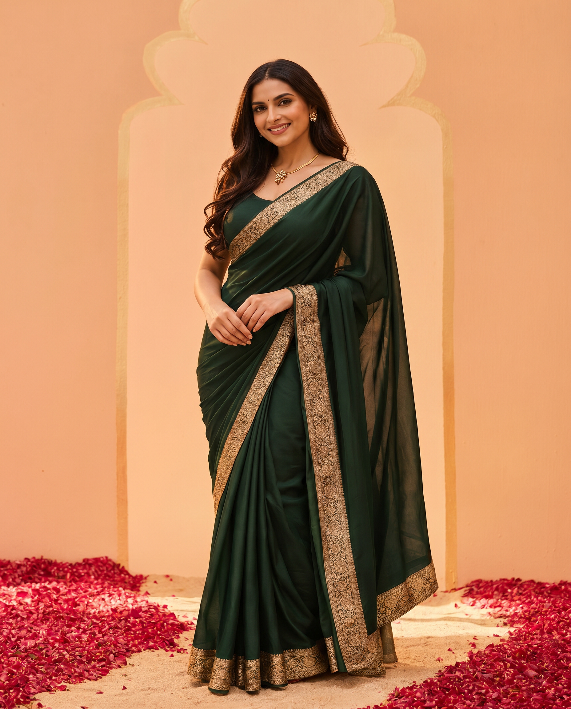Elegant Dark Green Saree with Golden Designer Border – Party & Festive Wear - output 0 - 02 hero