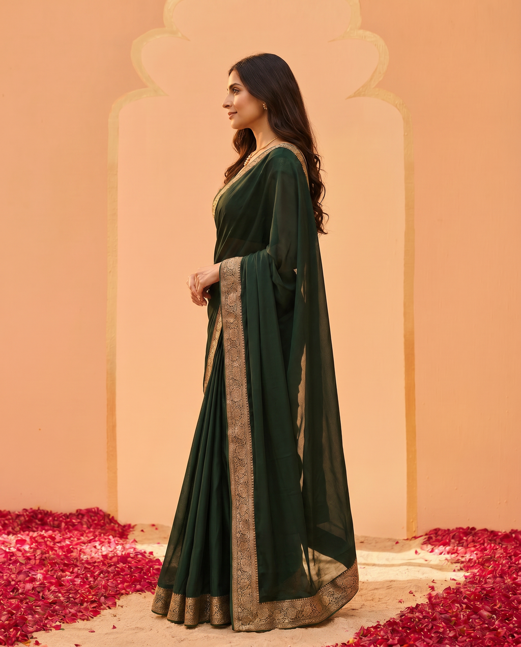 Elegant Dark Green Saree with Golden Designer Border – Party & Festive Wear - output 0 - 03 side
