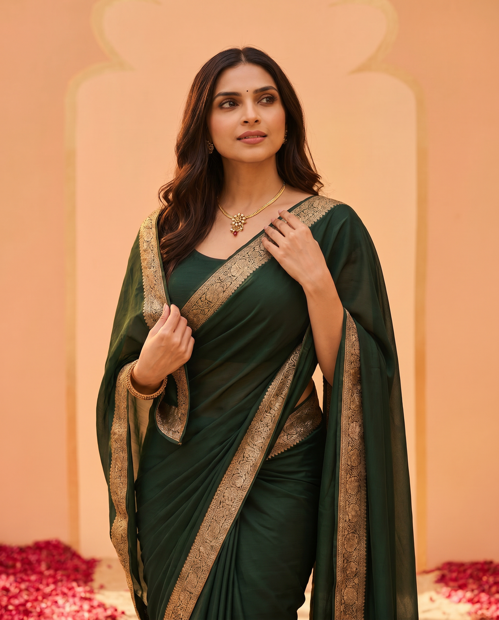 Elegant Dark Green Saree with Golden Designer Border – Party & Festive Wear - output 0 - 04 upper closeup