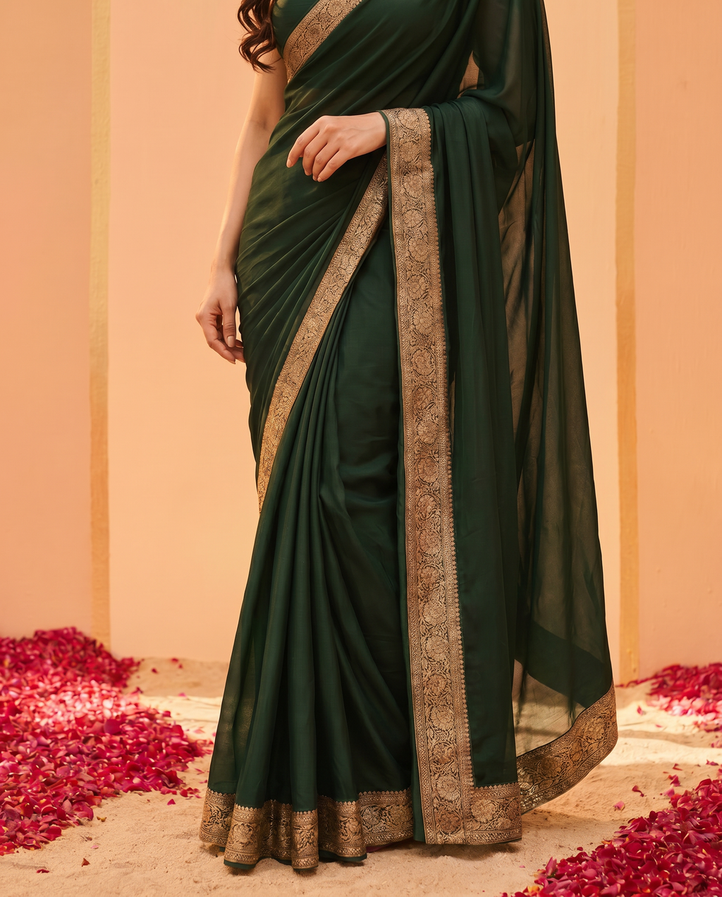 Elegant Dark Green Saree with Golden Designer Border – Party & Festive Wear - output 0 - 05 lower closeup