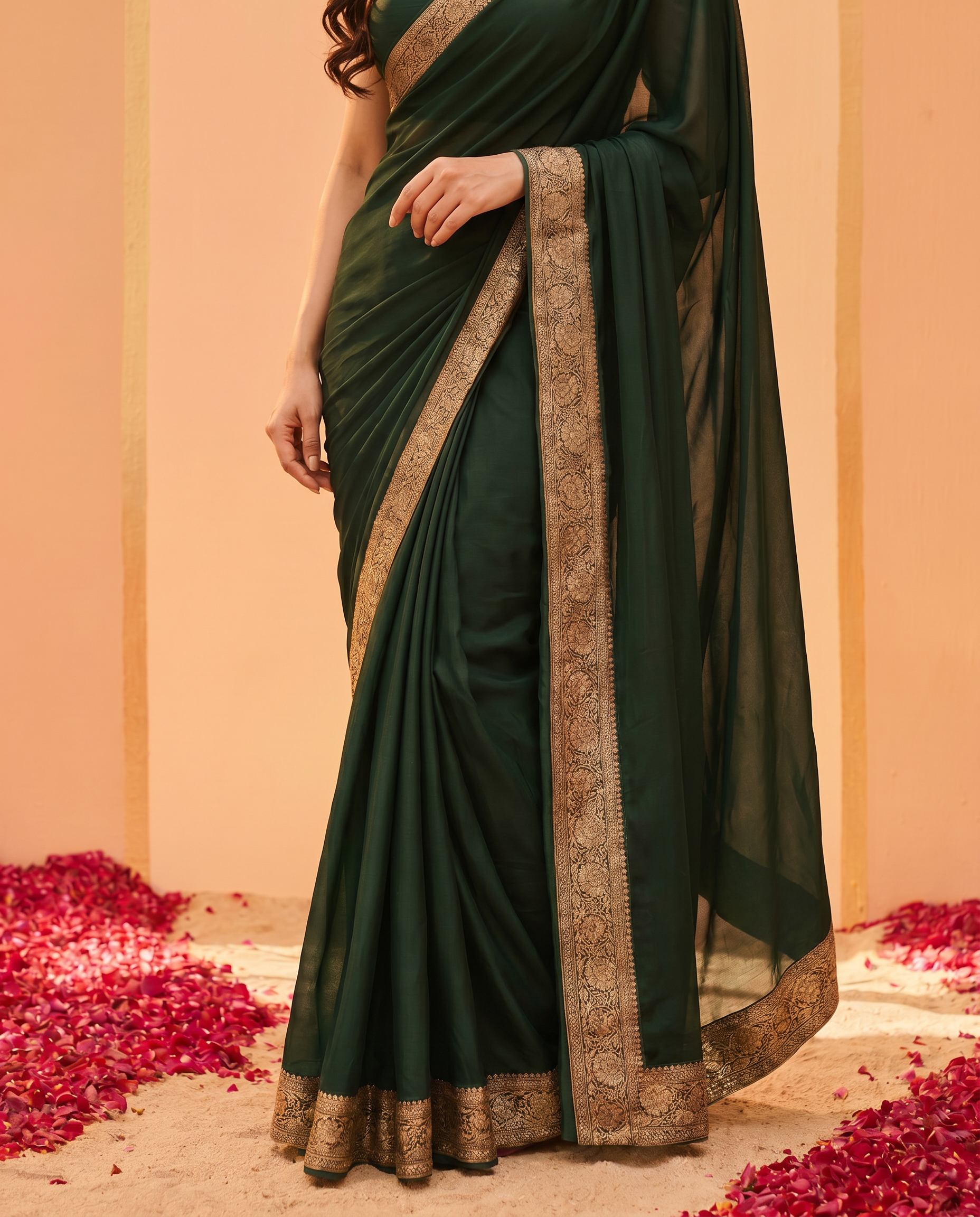 Elegant Dark Green Saree with Golden Designer Border – Party & Festive Wear - output 0 - 05 lower closeup