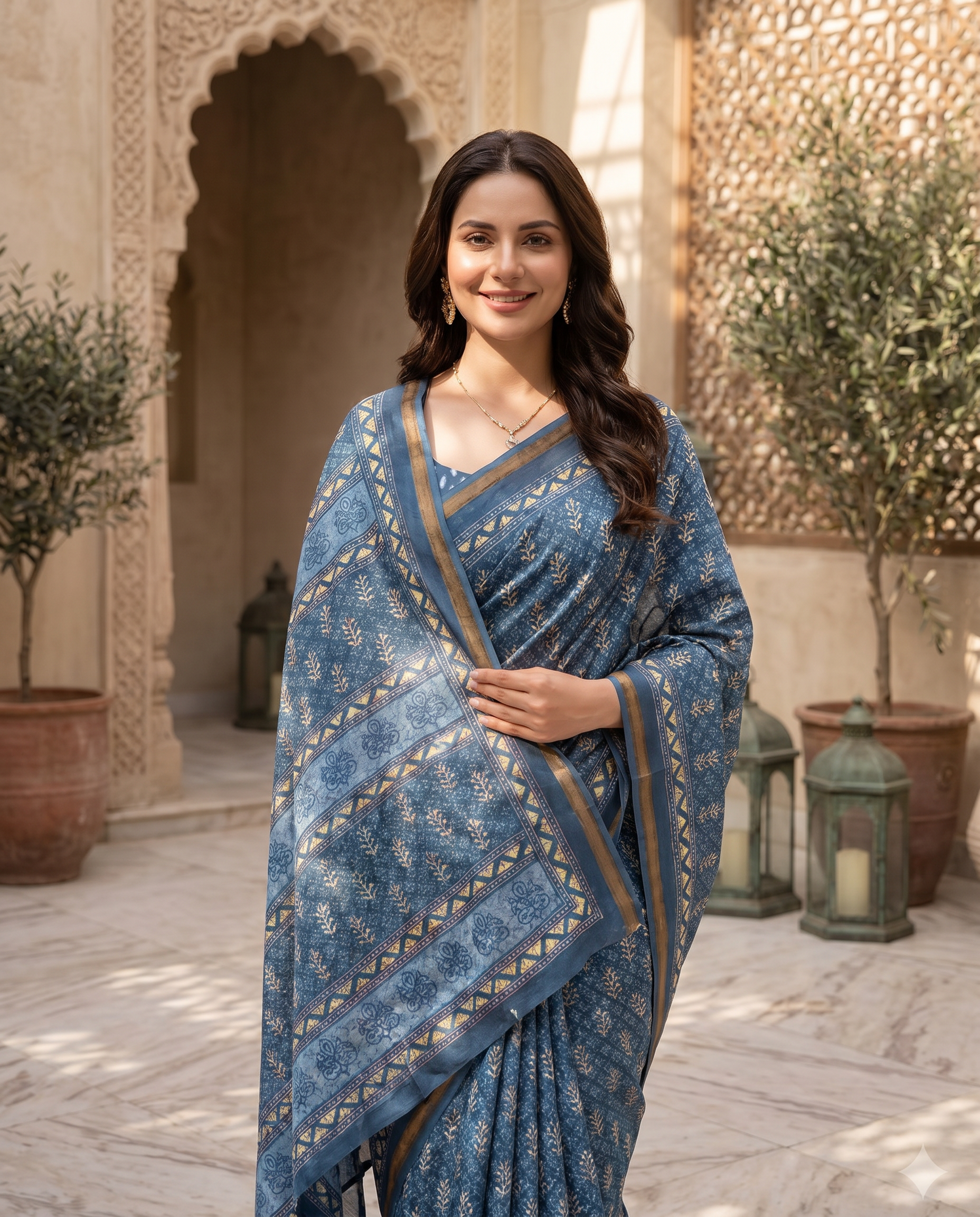 Elegant Dusty Blue Printed Pure Cotton Saree with Intricate Border - output 0 - 02 hero