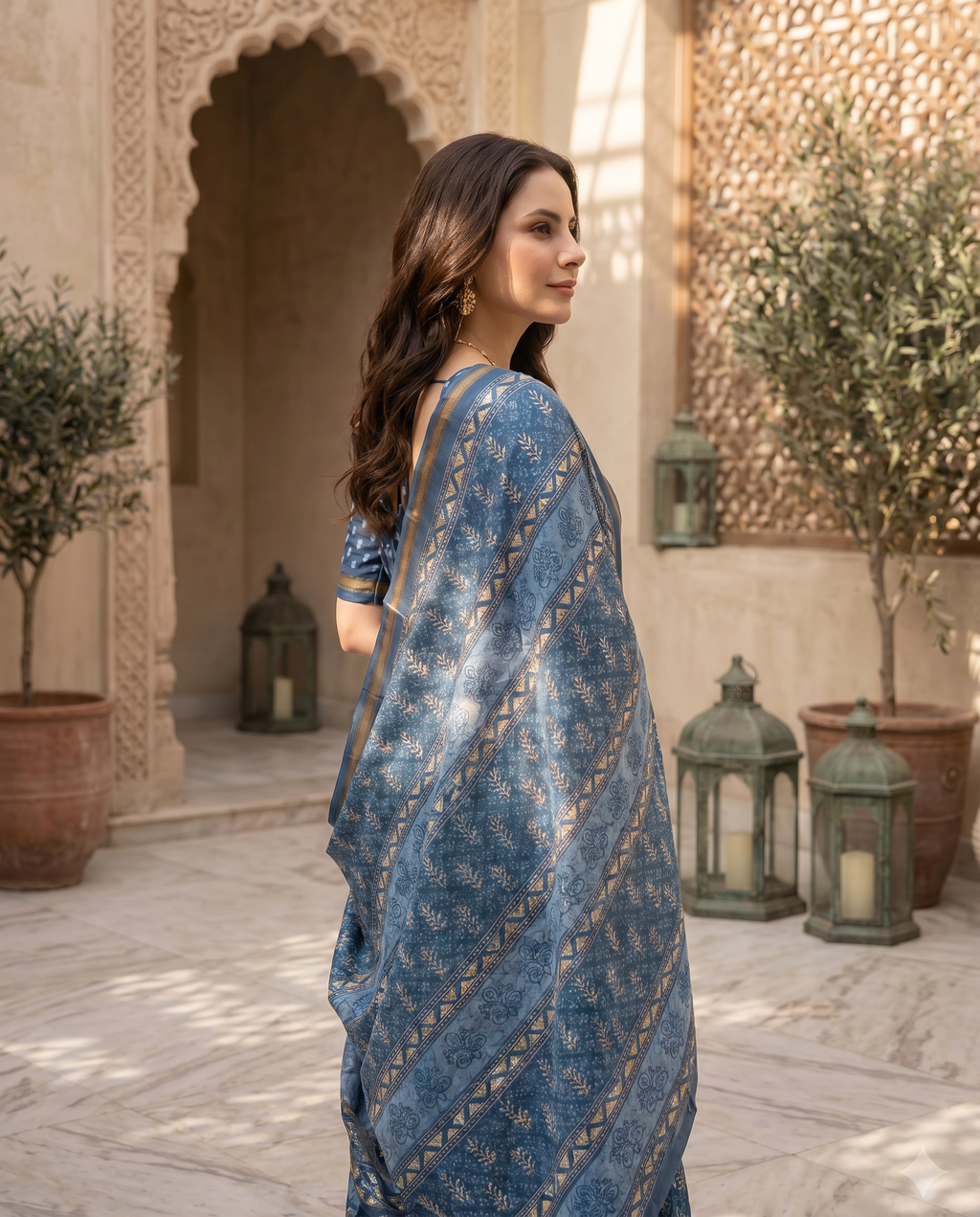 Elegant Dusty Blue Printed Pure Cotton Saree with Intricate Border - output 0 - 03 side