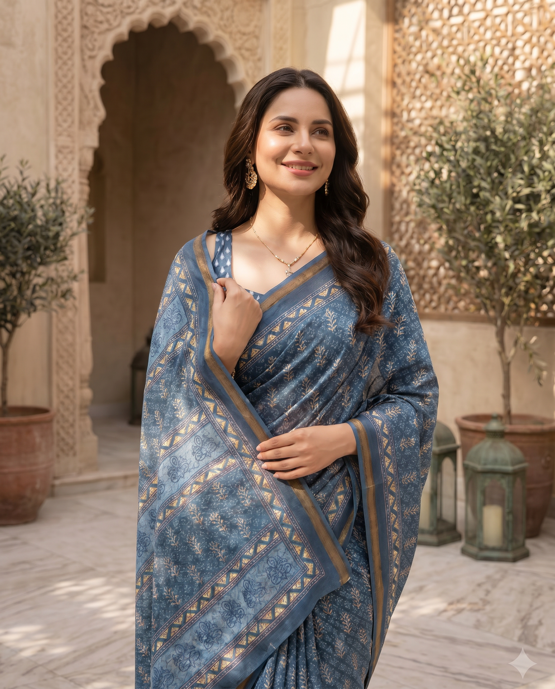 Elegant Dusty Blue Printed Pure Cotton Saree with Intricate Border - output 0 - 04 upper closeup