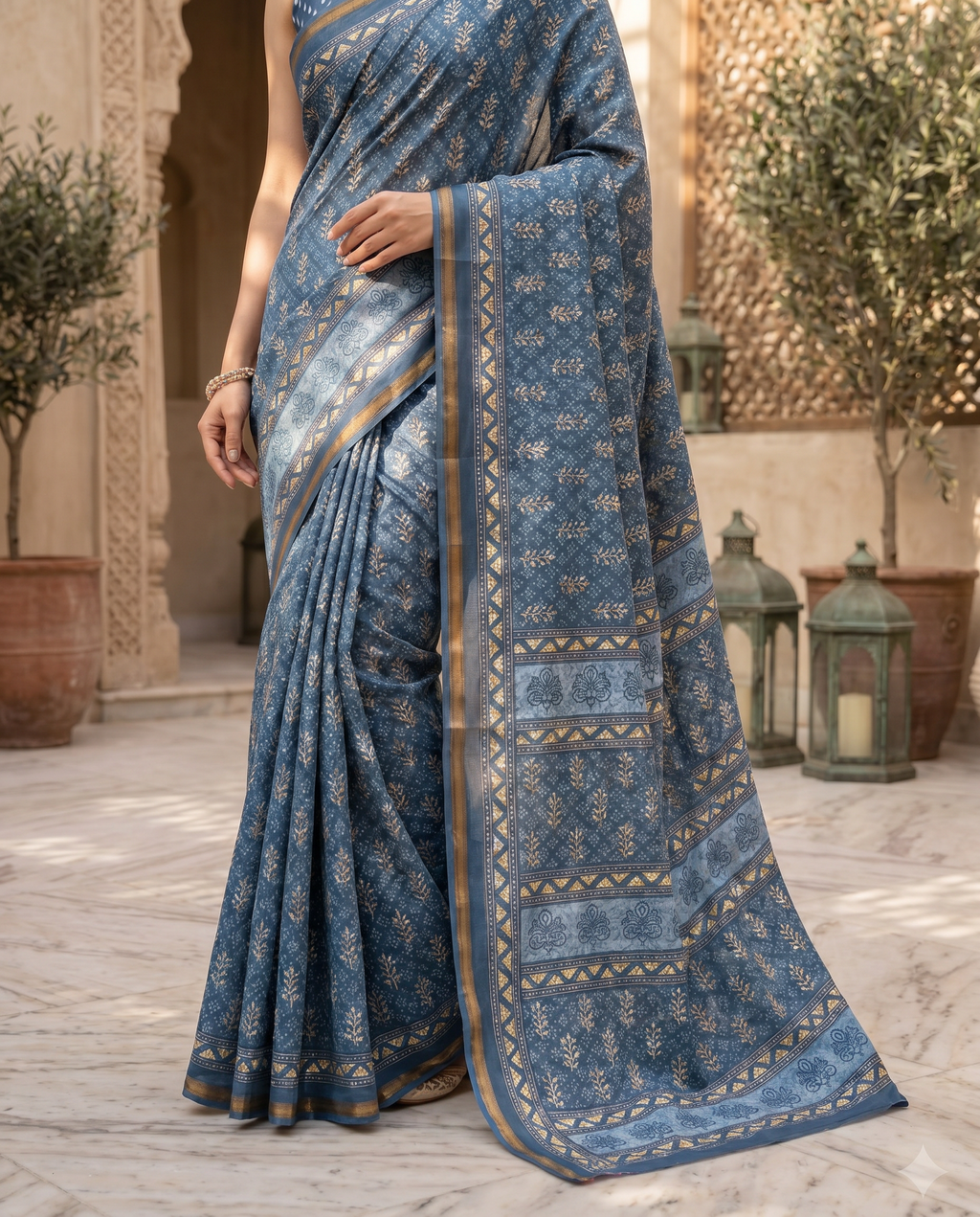 Elegant Dusty Blue Printed Pure Cotton Saree with Intricate Border - output 0 - 05 lower closeup