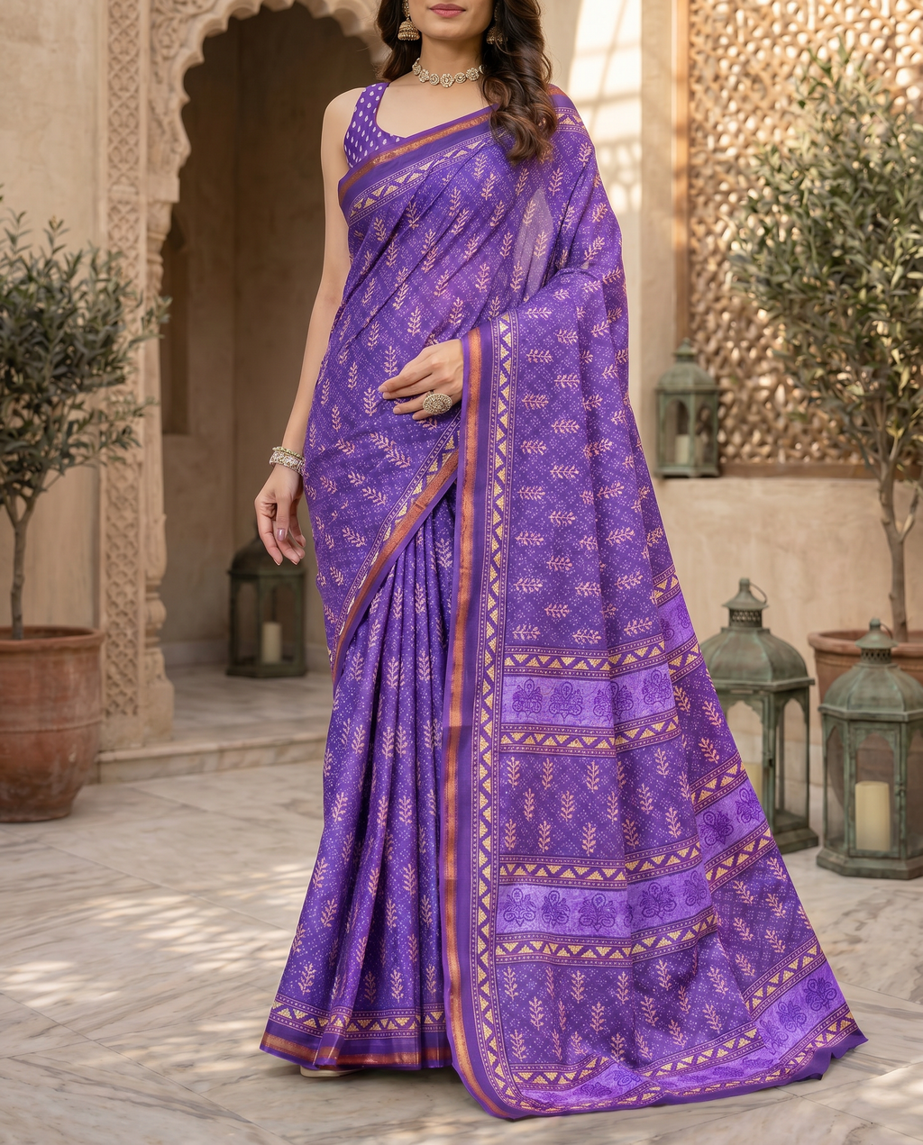 Elegant Dusty Blue Printed Pure Cotton Saree with Intricate Border - output 1 - 05 lower closeup