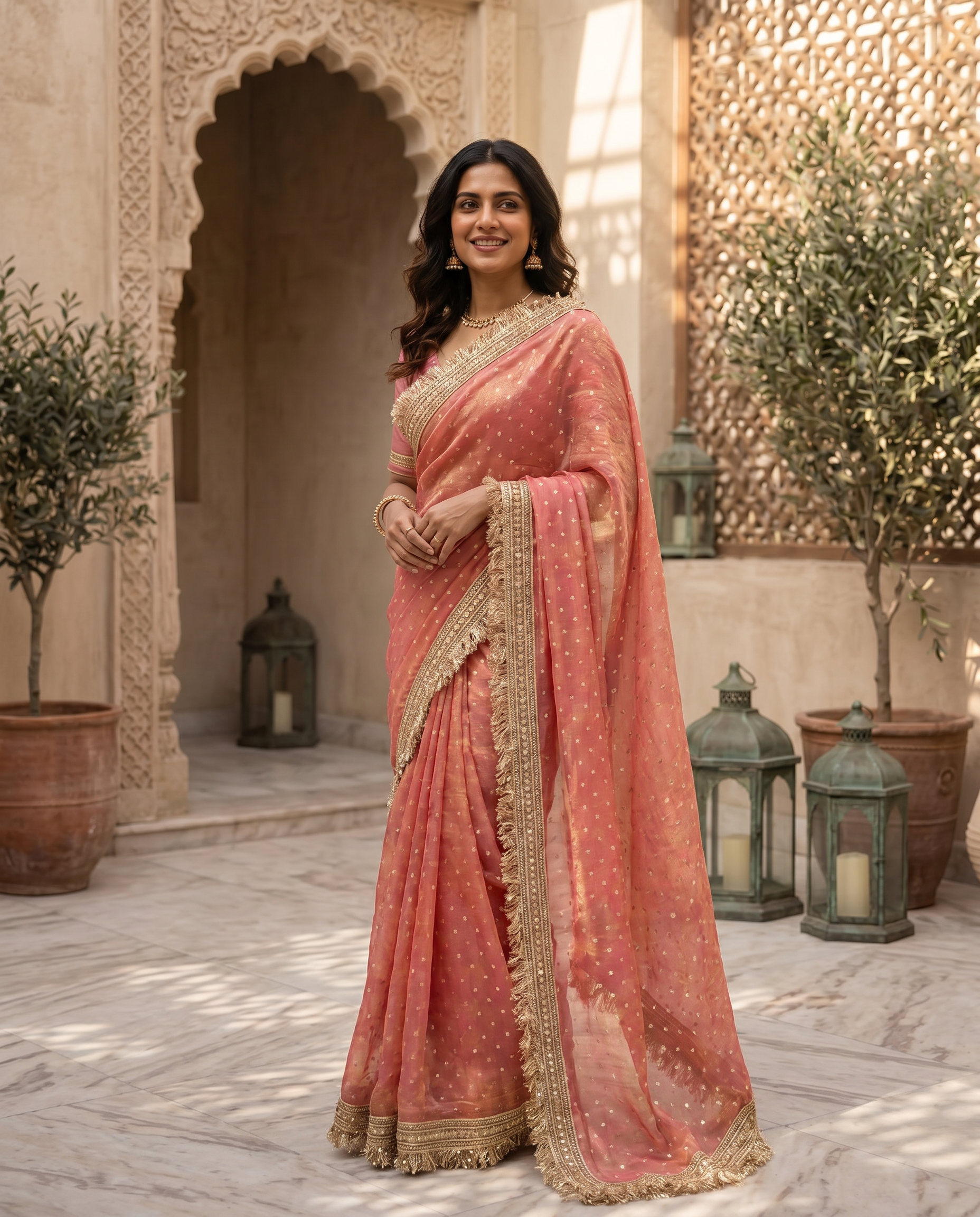 Elegant Dusty Pink Designer Saree with Golden Lace Border - output 0 - 02 hero
