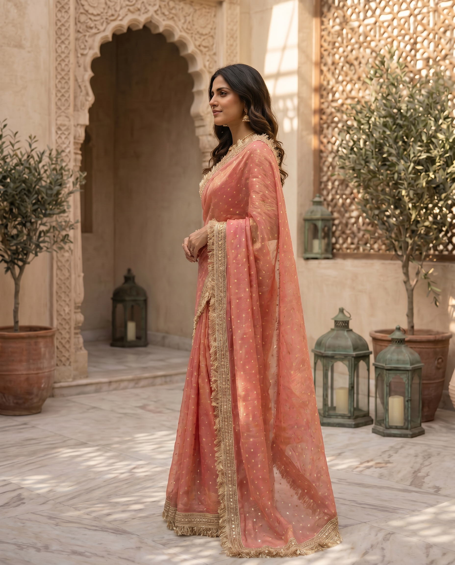 Elegant Dusty Pink Designer Saree with Golden Lace Border - output 0 - 03 side