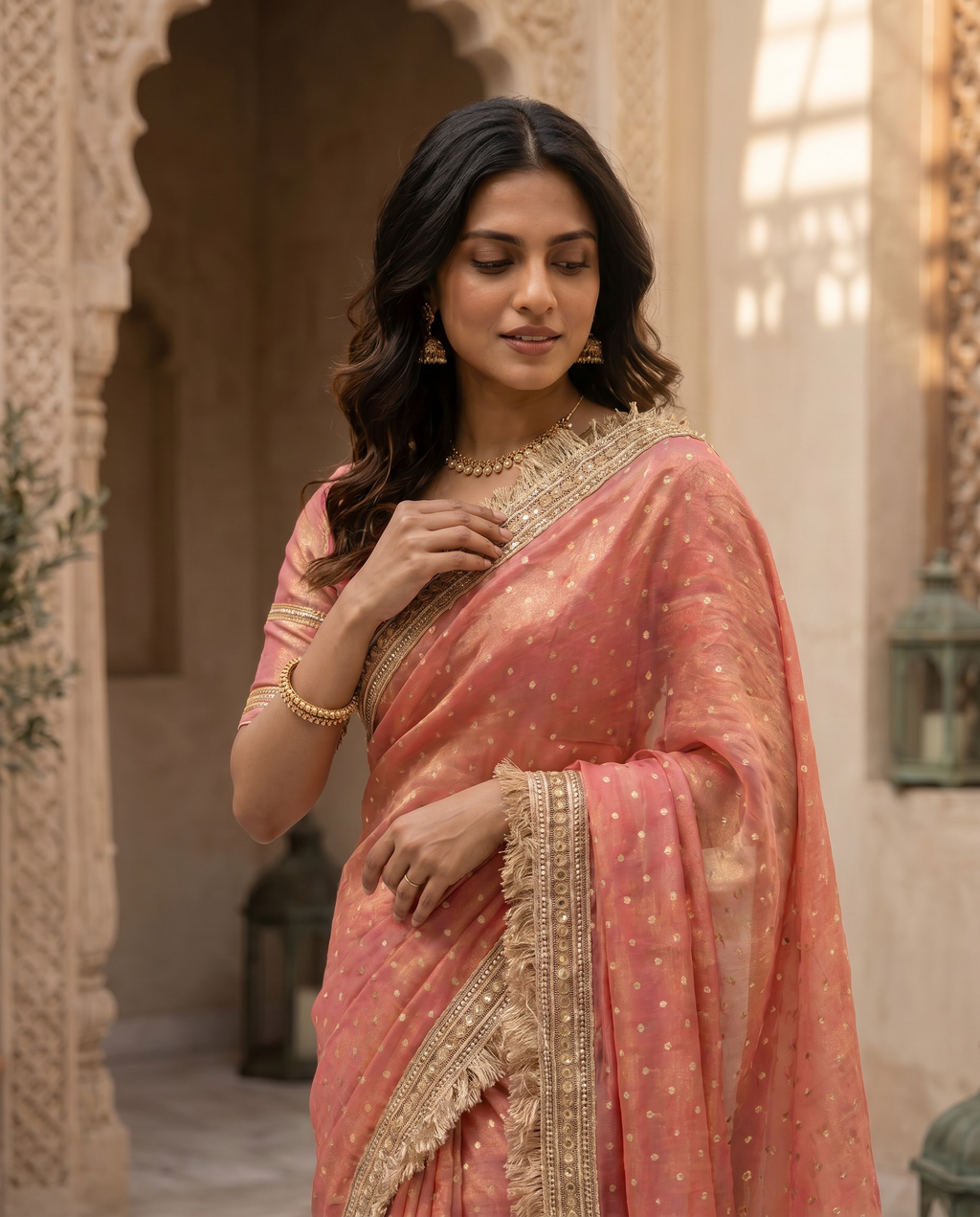 Elegant Dusty Pink Designer Saree with Golden Lace Border - output 0 - 04 upper closeup