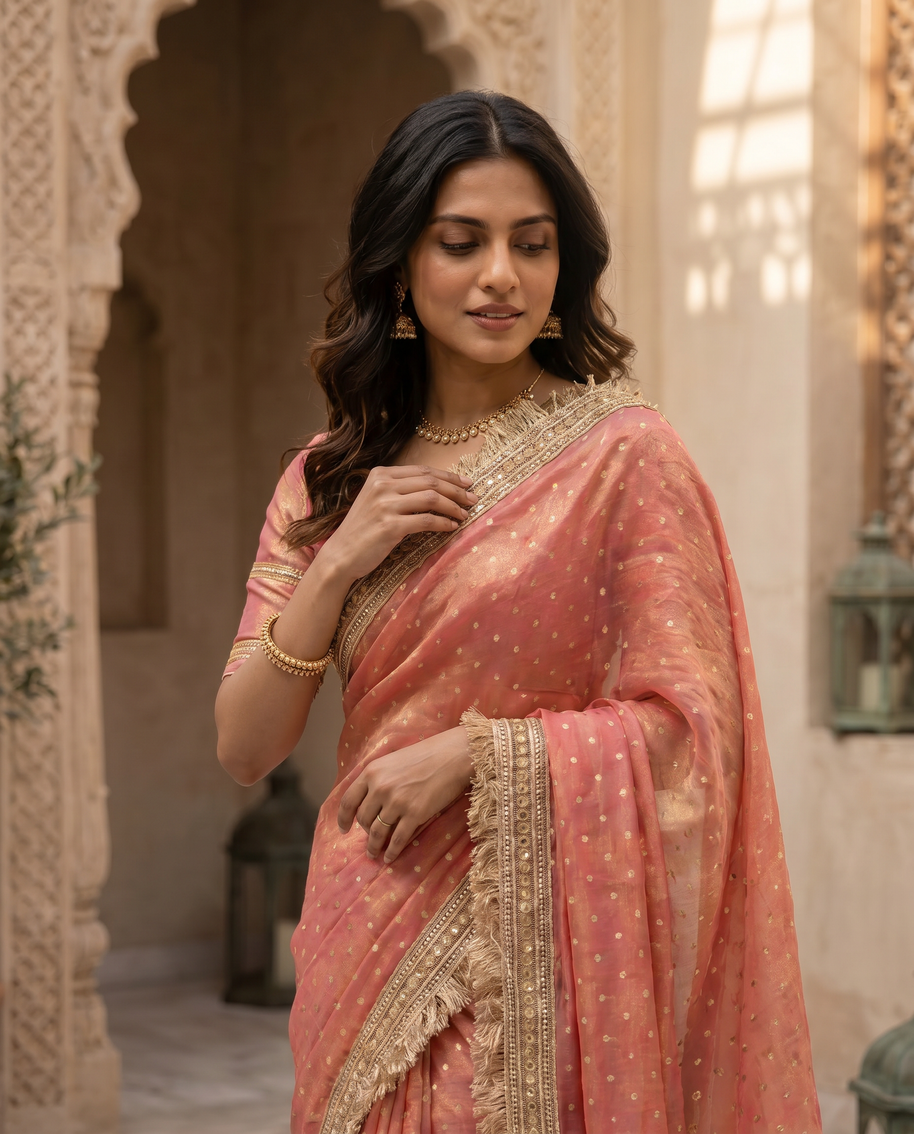 Elegant Dusty Pink Designer Saree with Golden Lace Border - output 0 - 04 upper closeup