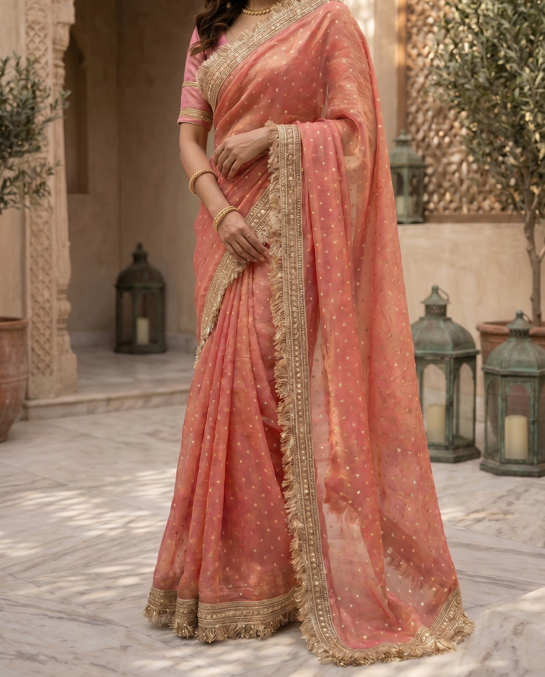 Elegant Dusty Pink Designer Saree with Golden Lace Border - output 0 - 05 lower closeup