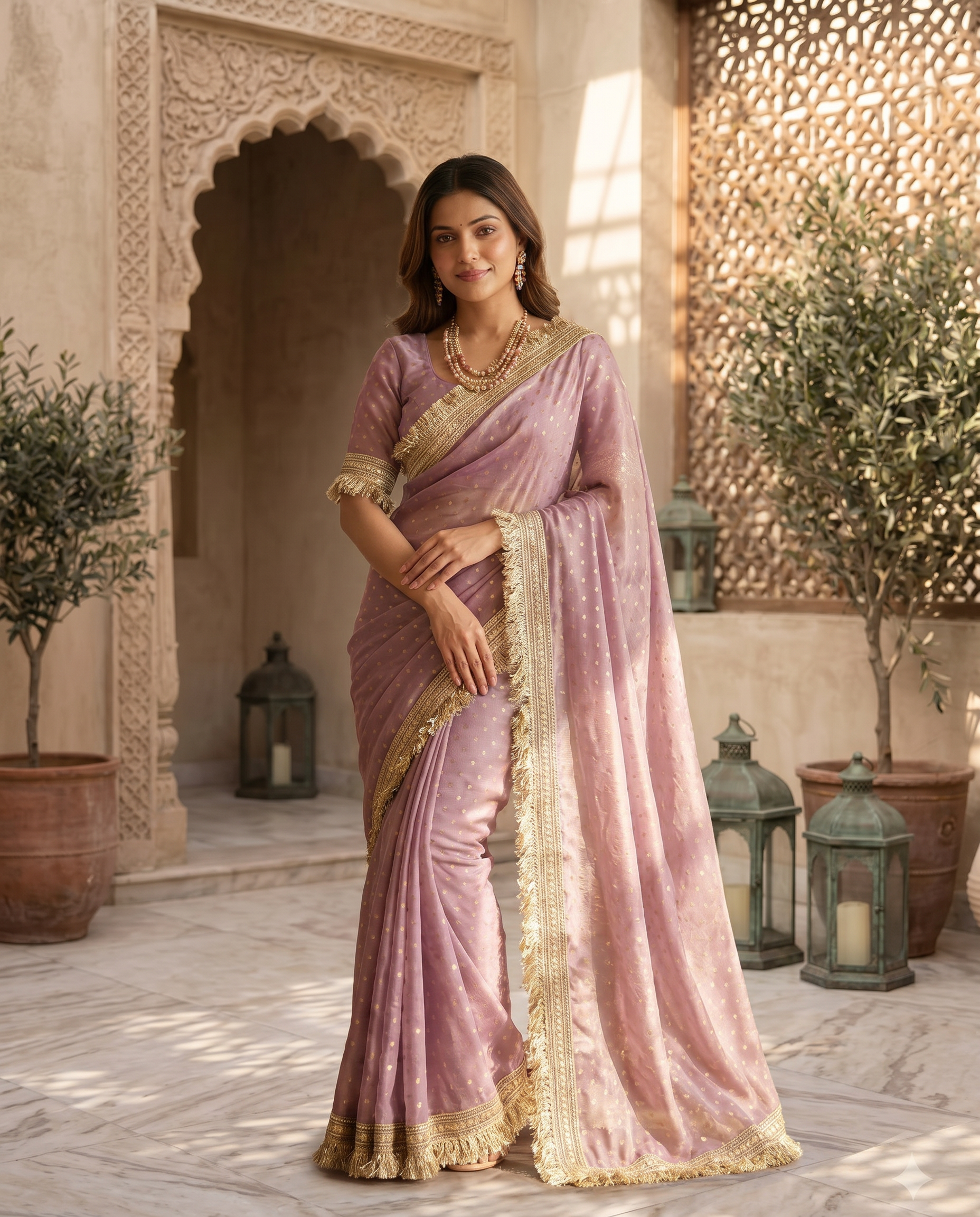 Elegant Dusty Pink Designer Saree with Golden Lace Border - output 1 - 02 hero