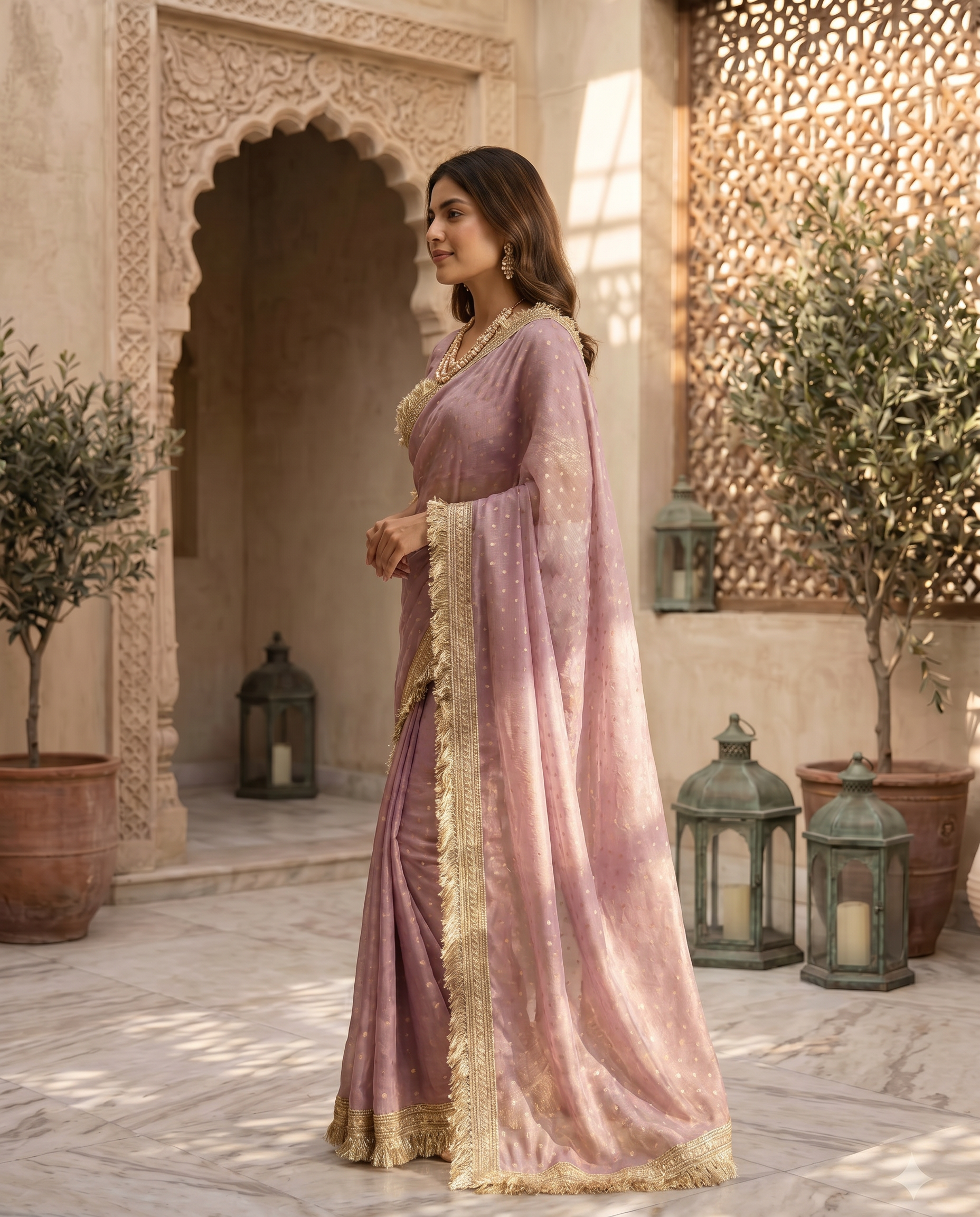 Elegant Dusty Pink Designer Saree with Golden Lace Border - output 1 - 03 side
