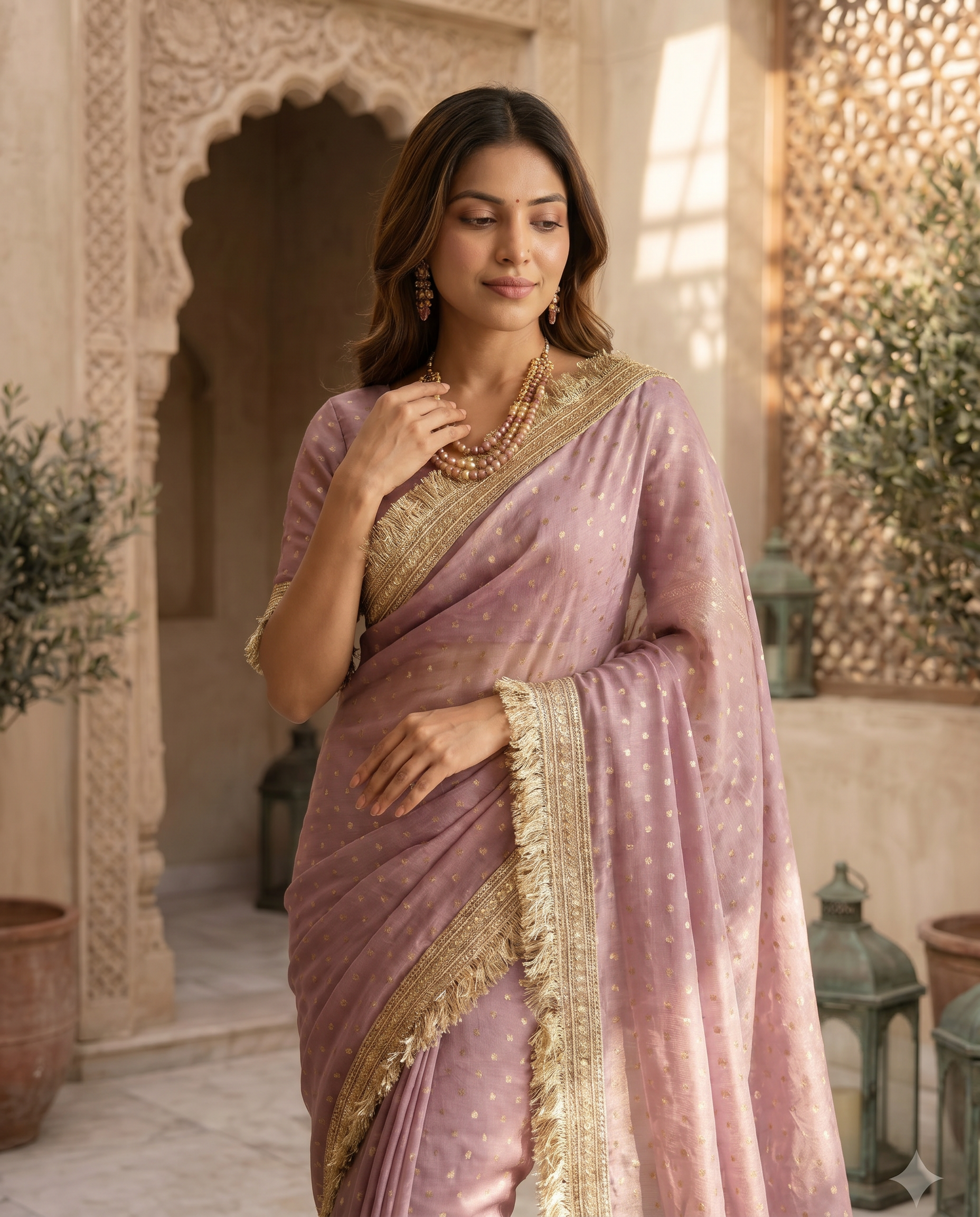 Elegant Dusty Pink Designer Saree with Golden Lace Border - output 1 - 04 upper closeup