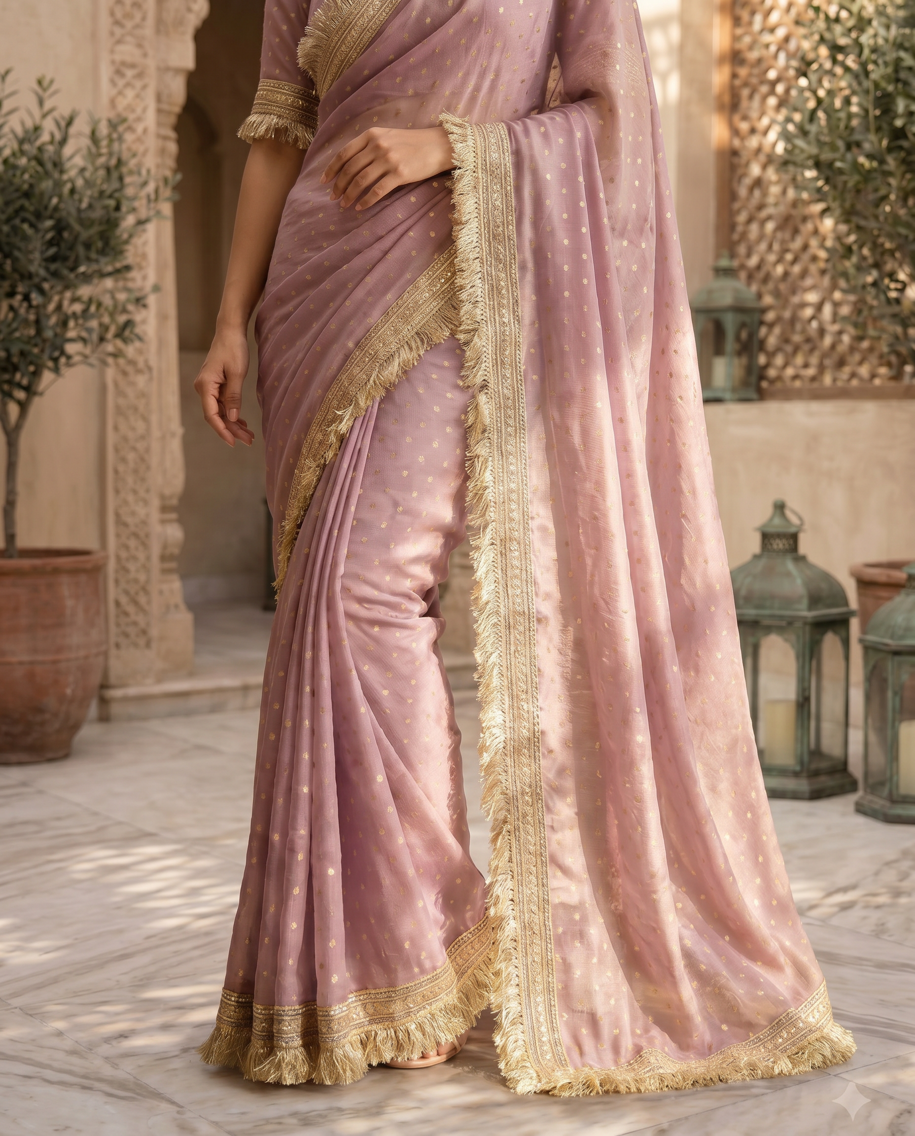 Elegant Dusty Pink Designer Saree with Golden Lace Border - output 1 - 05 lower closeup