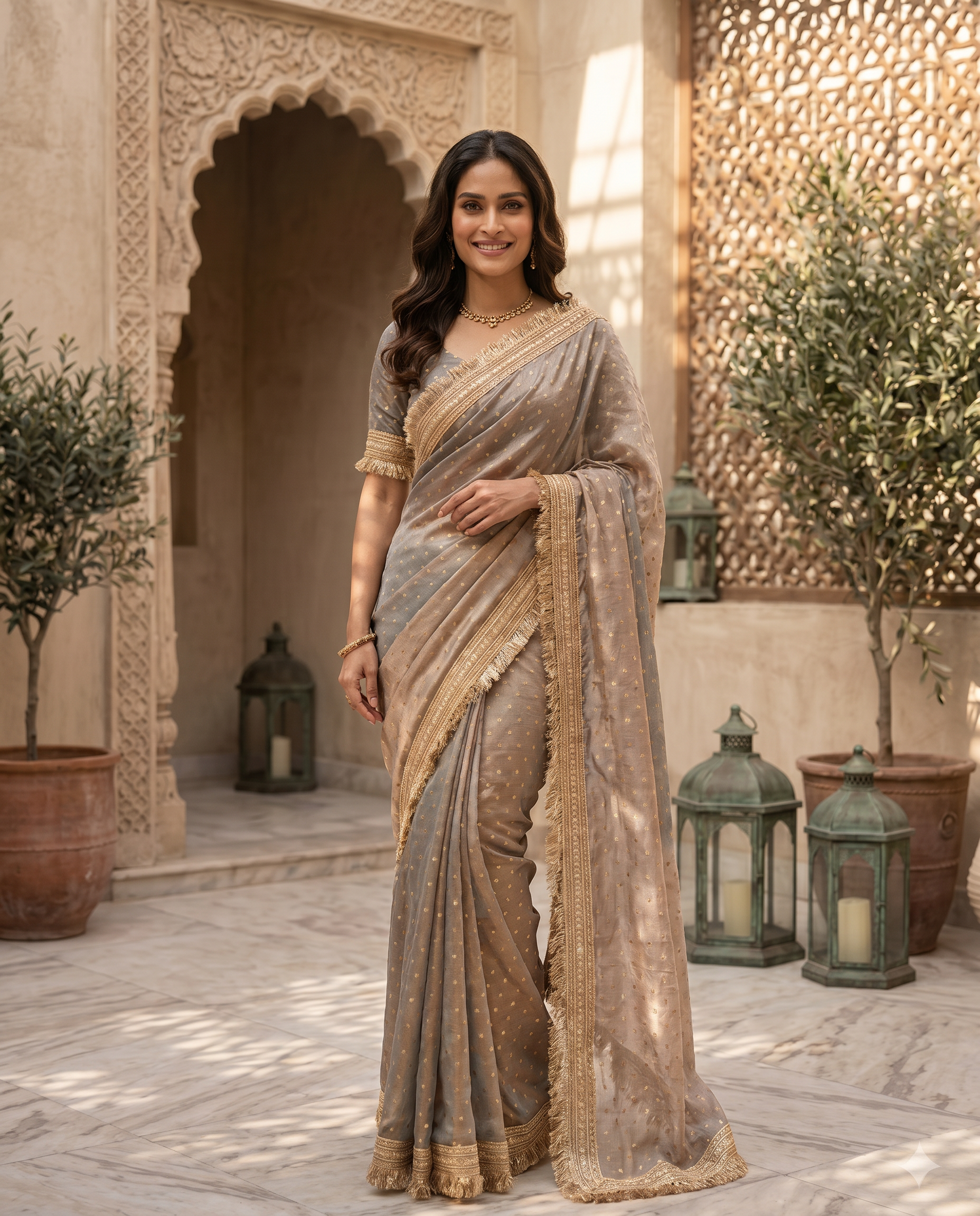 Elegant Dusty Pink Designer Saree with Golden Lace Border - output 2 - 02 hero